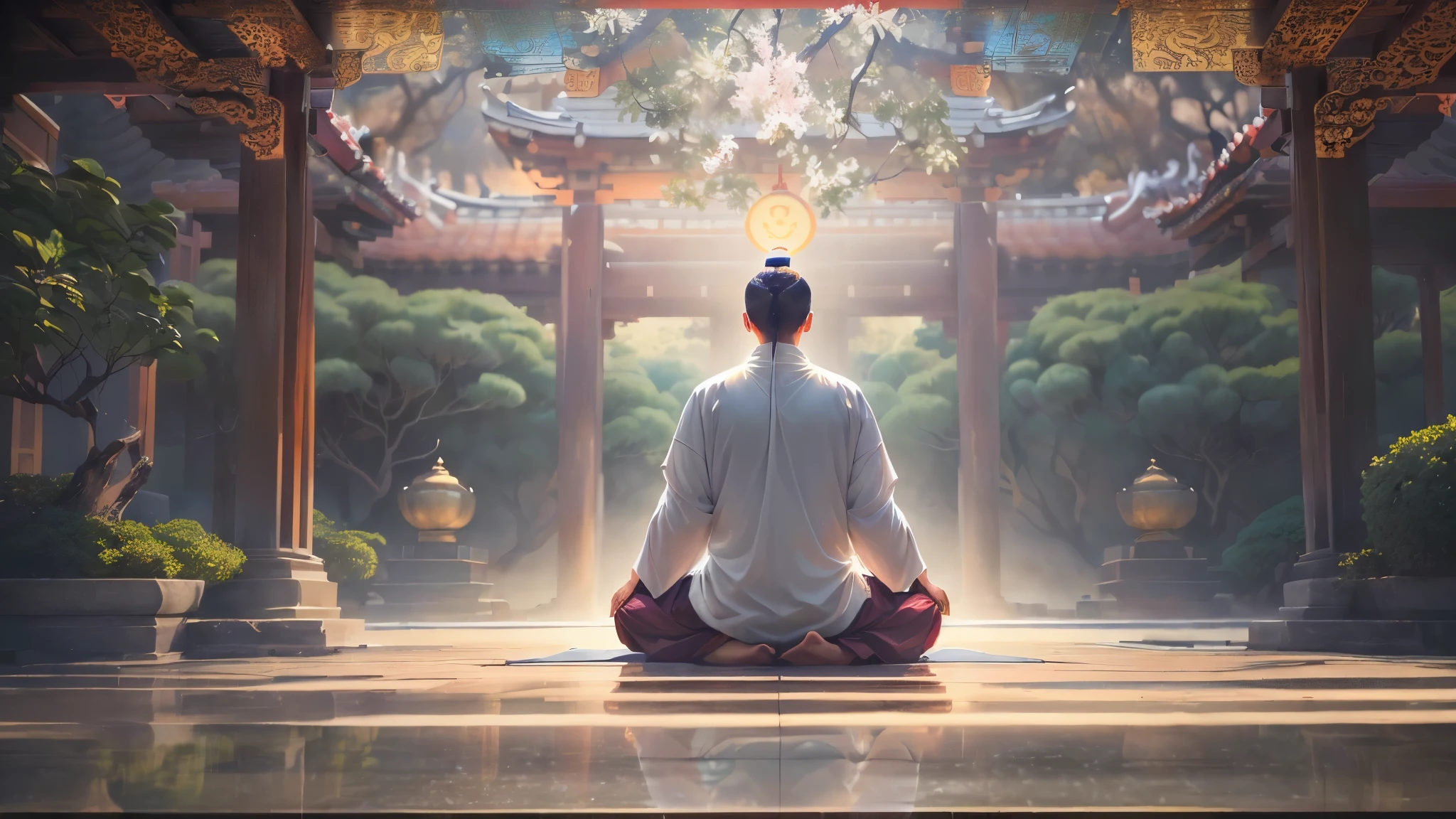 arafed man sitting in a meditation position in a temple, 禅meditationサイバーパンク, 僧侶がmeditationする, hindu stages of meditation, zen meditation, meditationする, zen Temple Background, buddhist monk meditationする, Taoist monk, meditation, Temple Background, meditationする in lotus position, Float into a powerful Zen state, praying meditationする, Saint staring at the ground