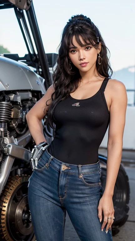 Ultra realista, 16k, (um/mulher/mechanic:1.8), (Seios extremamente grandes:1.8), (all mechanical body:2), (camisa branca, saia jeans, black pantyhose, (ela tem cabelo liso preto mediano:1.2), (olhos azuis:1.2), (gemendo:1.5), (corar:1.5), (is making sensual poses while standing for the viewer:1.5), Estilo anime, 16k, alta qualidade, pele texturizada, UHD, premiado