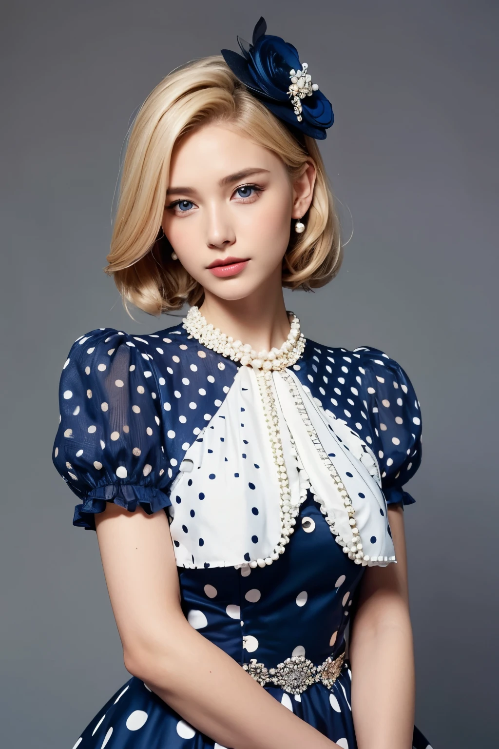 Model and background intact, Beautiful blonde woman wearing an extremely conservative white and dark blue polka dot dress with short puff sleeves, fully dressed in pearls for Royal Ascot, magazine pose,