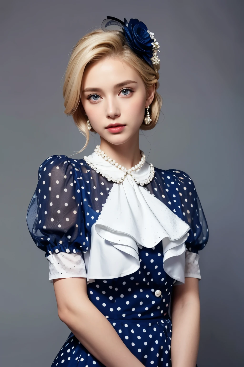 Model and background intact, Beautiful blonde woman wearing an extremely conservative white and dark blue polka dot dress with short puff sleeves, fully dressed in pearls for Royal Ascot, magazine pose,