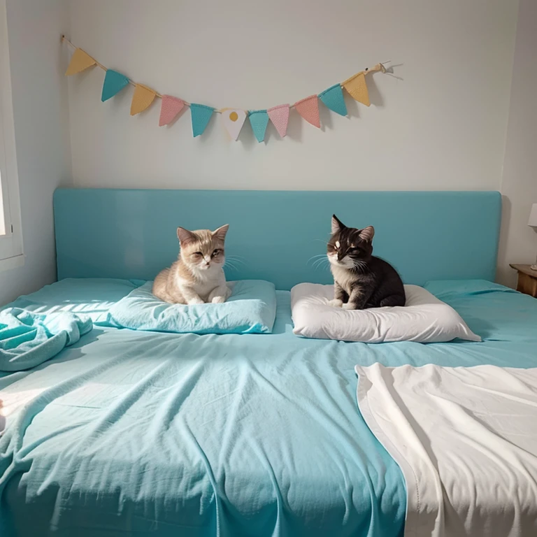 Gatitos felices comiendo pastel, They are in a bed with light blue sheets,hay una luz de colores en una mesa.
