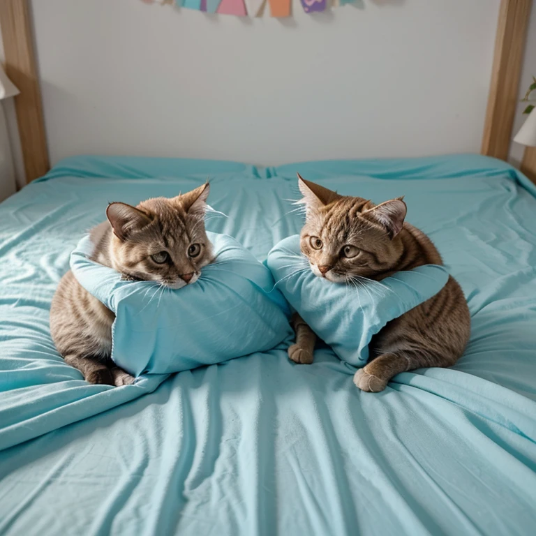 Gatitos felices comiendo pastel, They are in a bed with light blue sheets,hay una luz de colores en una mesa.