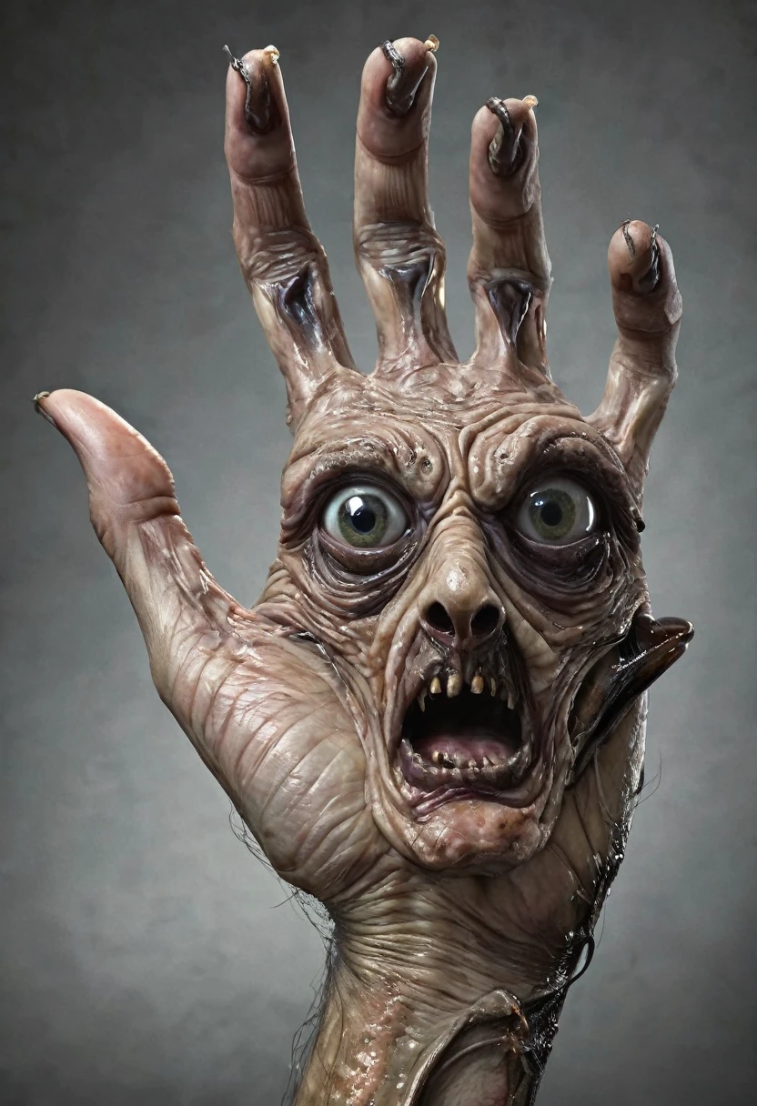 Monstrous, deformed and emaciated hand with servall horror eyes on back and palm of hand photorealist style