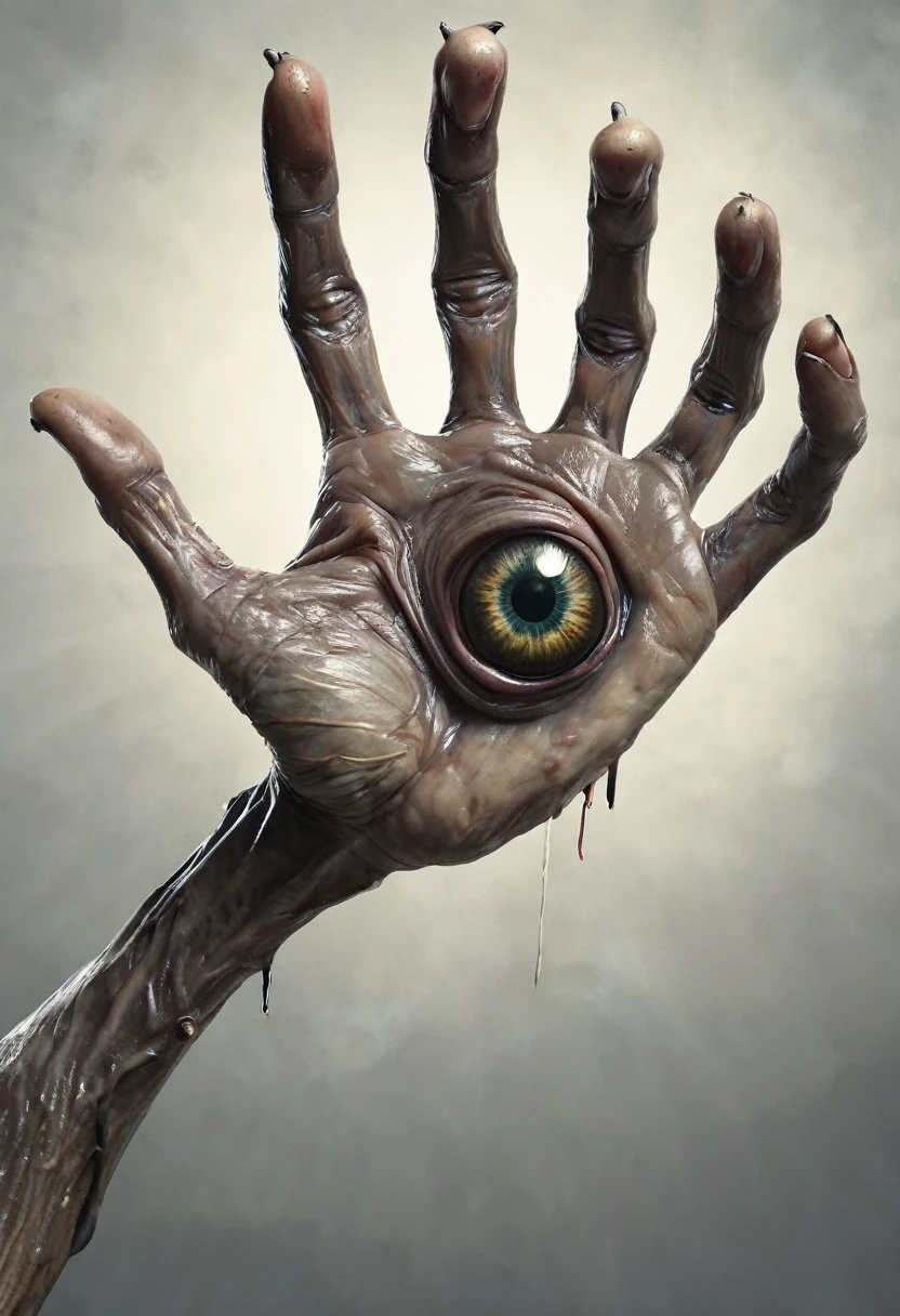 Monstrous, deformed and emaciated hand with servall horror eyes on back and palm of hand photorealist style