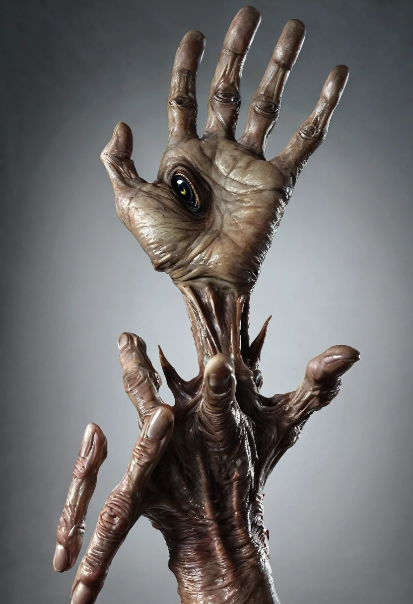 Monstrous, deformed and emaciated hand with servall horror eyes on back and palm of hand photorealist style