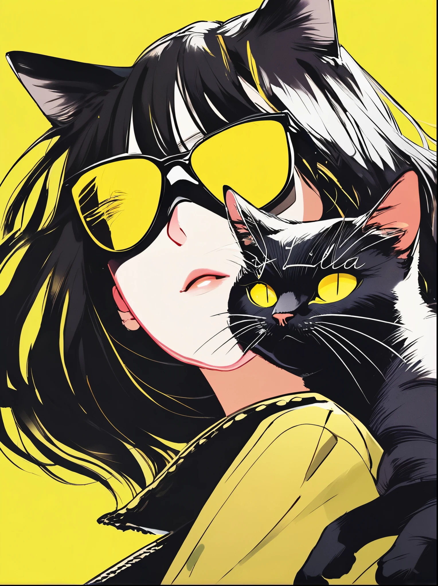 Anime girl wearing sunglasses on her hair, Guviz-style artwork, Digital illustration style, Anime style illustration, Anime style 4k, yellow eyes, eyes glowing, Beautiful young catwoman, style of anime. 8K, cat woman, by Qu Leilei, author:heroes, persona 5 art style wlop