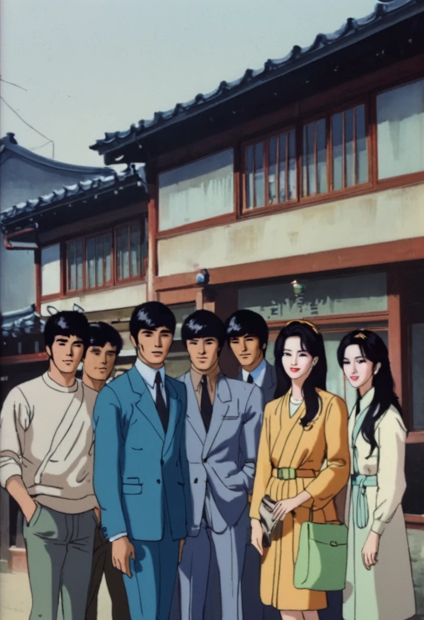 1970s very attractive handome beautiful korean young men and women together in a 1970s Seoul Neighborhood
