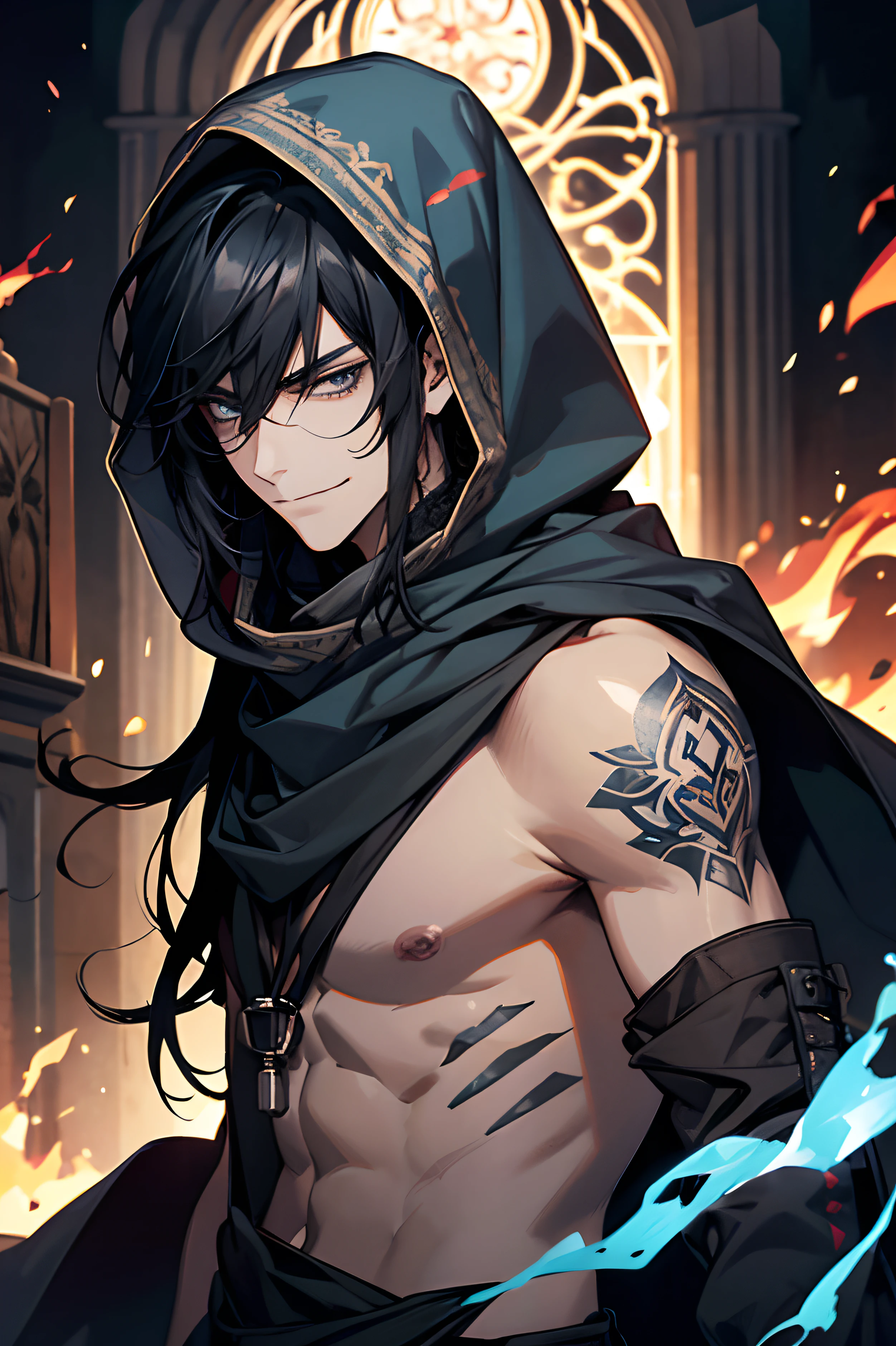 male, adult, mature face,medium long length hair with bangs, black hair, blue-grey eyes, beautiful, rogue, crazy, smirk, playing with fire, tattoos, bare arms , hooded scarf, medieval