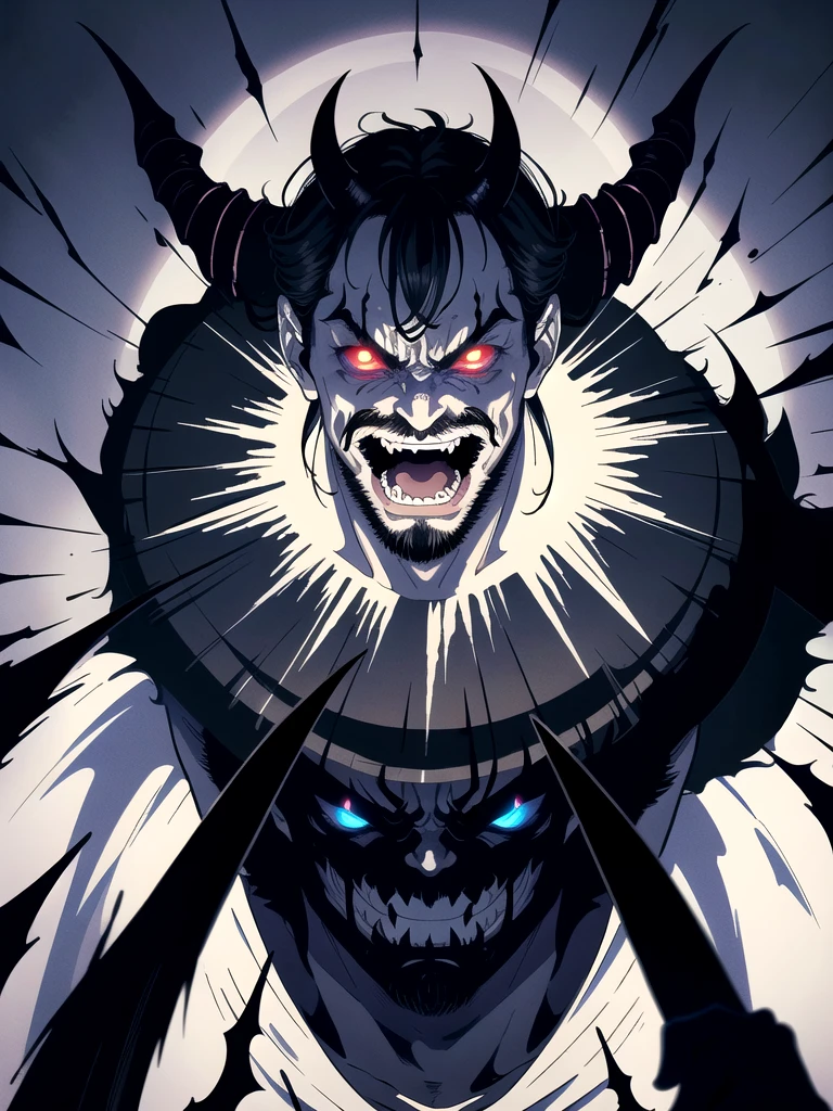 (demon lord:1.1,evil laugh,laugh of loud),1man with mustache,dark,ominous glow,sinister atmosphere,detailed expression,sharp focus,vivid colors,masterpiece:1.2