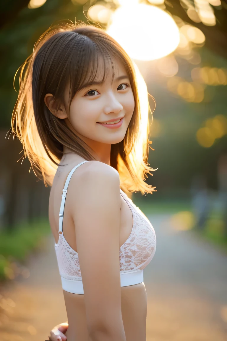 body is facing the front, She is facing the viewer, (the body turns of the viewer), , 、drill hair、Brown hair、A slight smil、cute little、((top-quality、8K、masterpiece:1.3))、sharp focus:1.2、An ultra-high picture quality、top-quality、masterpiece、natural soft light、The upper part of the body、the setting sun, , lace sport bra, smile, Do not emphasize the top of the bust,
