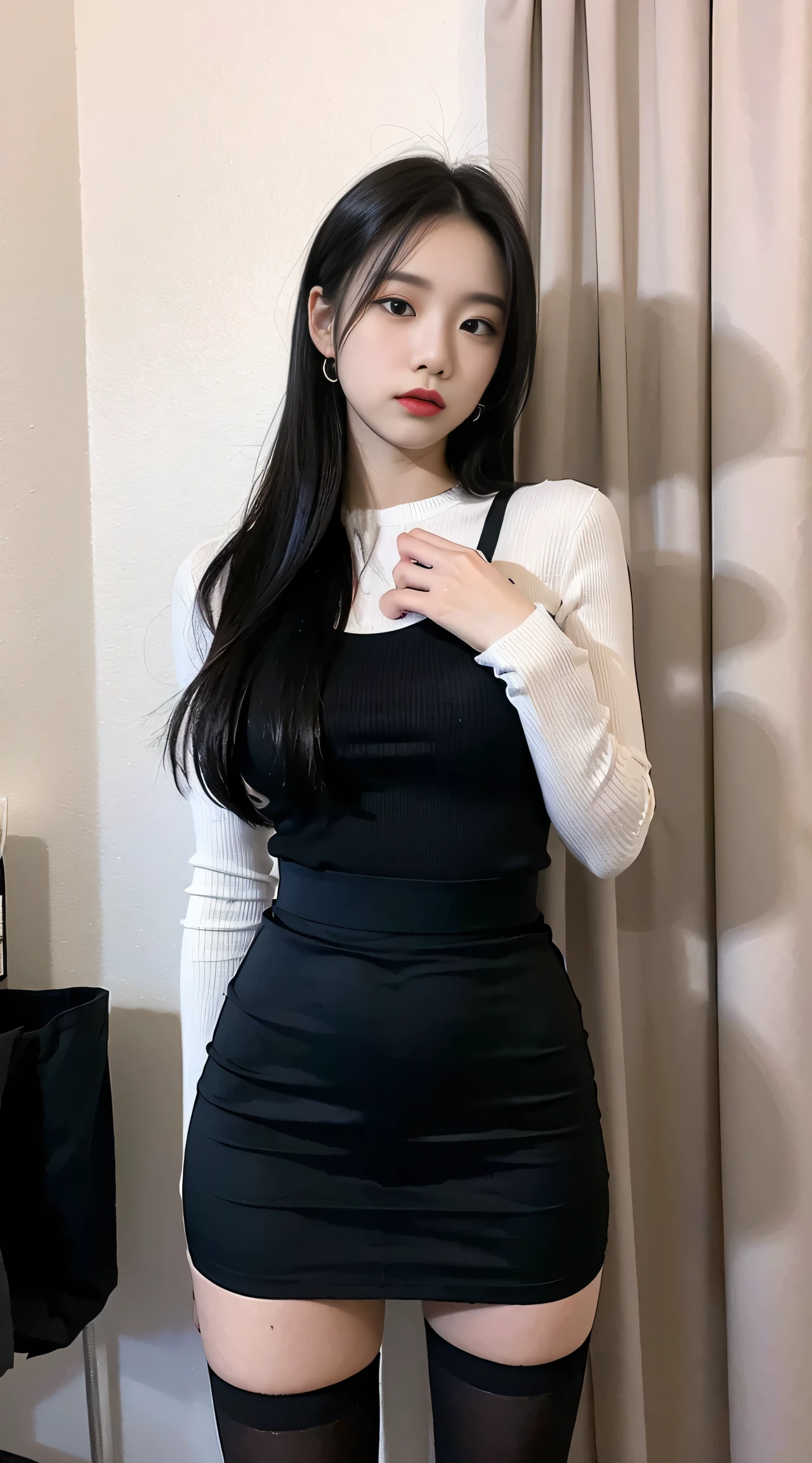black knit mini skirt, sofa, living room, smile, Brown Hair, Shoulder-length hair, White wall background, Very white skin