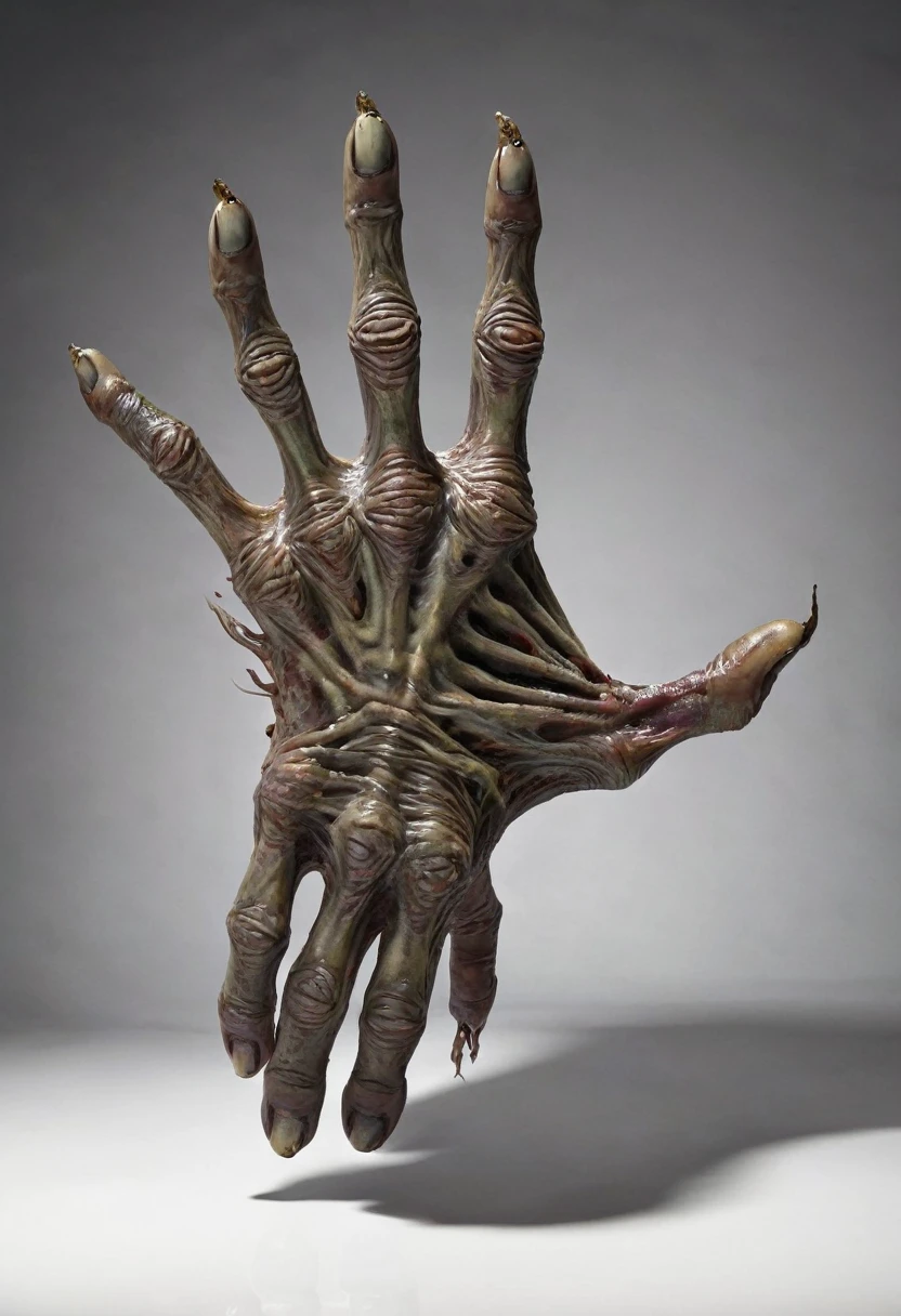 Monstrous, deformed and emaciated hand with servall horror eyes on back and palm of hand photorealist style