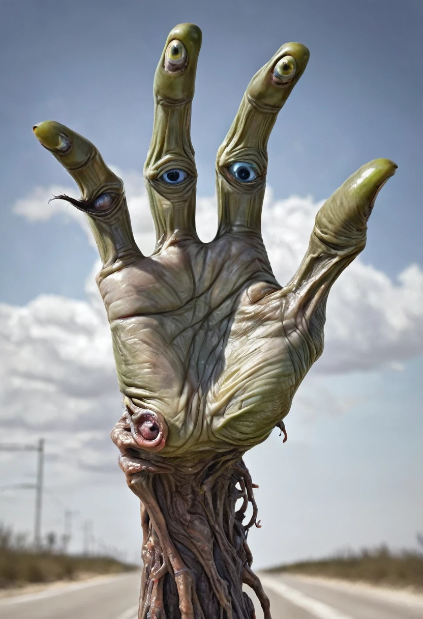 Monstrous, deformed and emaciated hand with servall horror eyes on back and palm of hand photorealist style