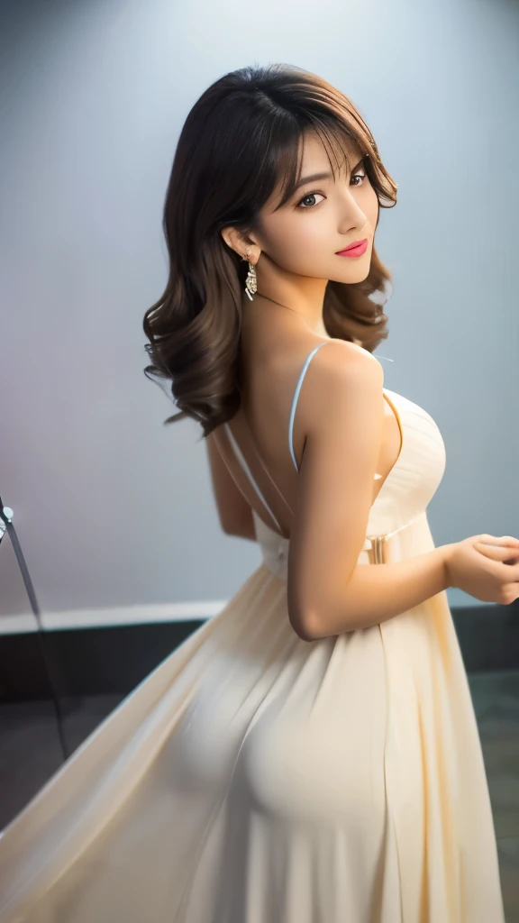 ulzzang -6500-v1.1, (Raw photo:1.2), (Photorealsitic), (Best Quality, masutepiece), Popular actresses、1girl in, Pose, game_nffsw,  Dresses、Dumpling hairstyle、dumpling hairstyle、Classy makeup、elegant long dress, Ultra-realistic skin texture、shinny skin、An inviting pose while turning around、Inviting look、(sexual excitement:1.3), turned around