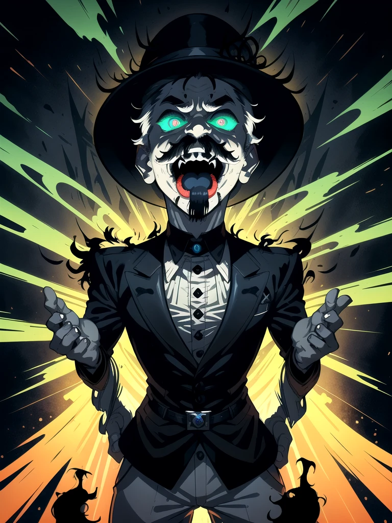 A detailed expression of a man with a mustache, radiating an ominous glow in a dark setting. His sinister atmosphere is enhanced by his evil laugh, resonating with loudness. The artwork is characterized by its sharp focus and vivid colors, creating a masterpiece with an intensity factor of 1.2.