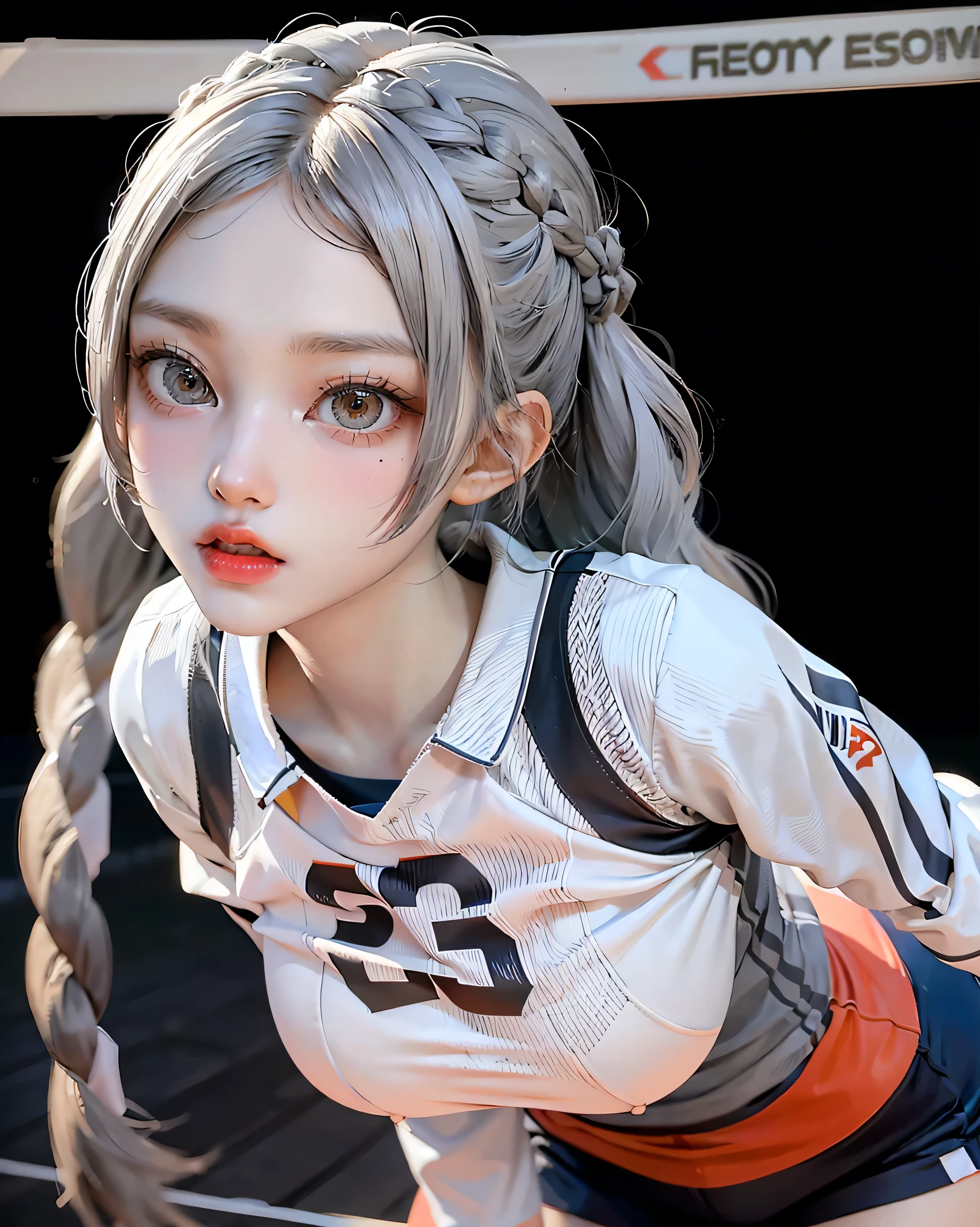 20-year-old, ((highest quality)), ((masterpiece)), (High resolution:1.3), 3D, Beautiful volleyball player super cute high school girl、Uniforms, but they stick to the skin(((Silhouette but so tight that everything is exposed)))However、The fabric is thin and flexible, but not restrictive.、He fell on the court at Space Gymnasium during a match..(((Spread your legedium length white-gray wavy hair braided.、The face is small and symmetrical、Volleyball is a popular sport、 ((Big Breasts)),panties