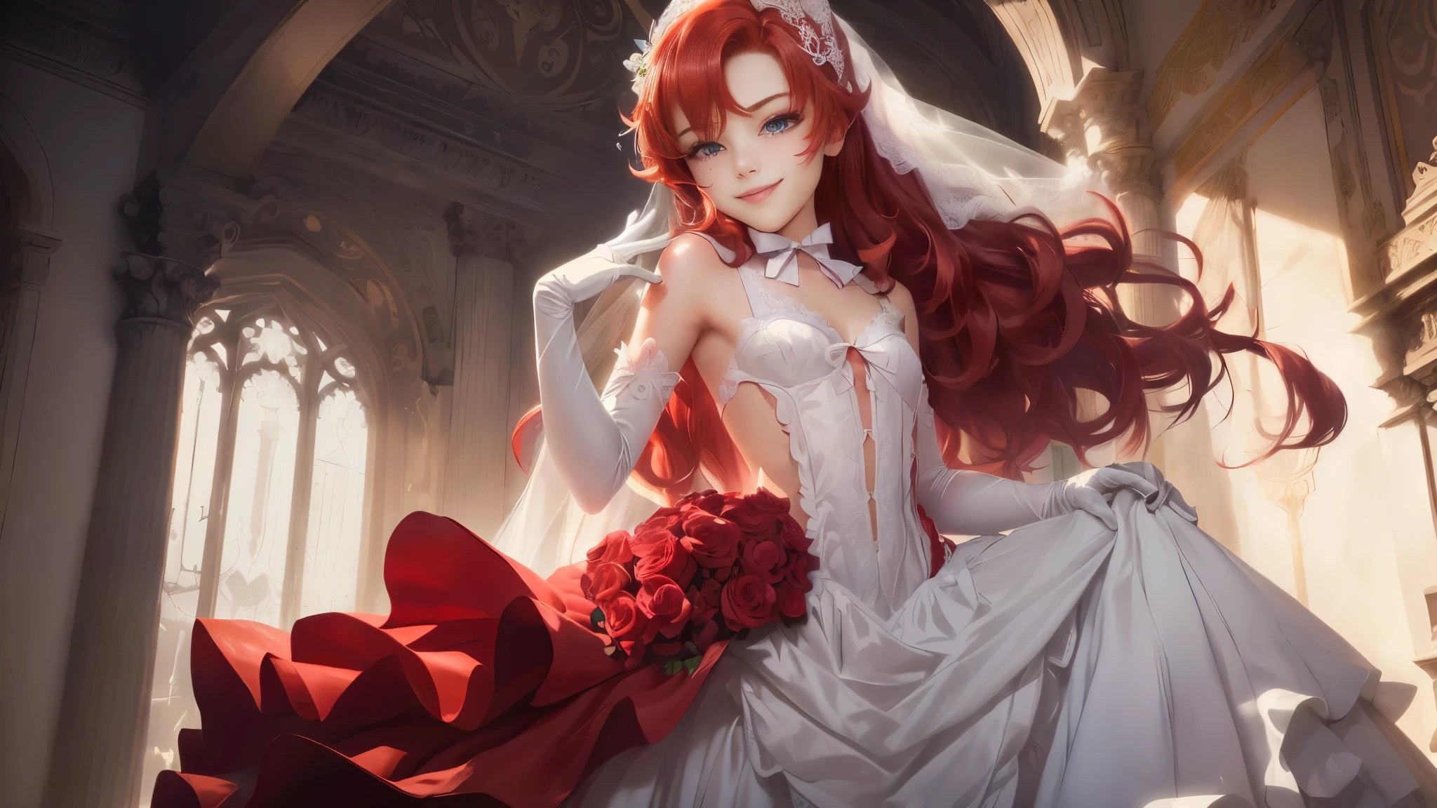 Clear image, sharp lines, high contrast, 1boy, Feminine boy, femboy, cheeky bright smile, bright colors, small wedding veil on head, long red hair, flat chested, male chest, Full-length image, Boy in Full-length, flat chest, wedding gloves, correctly drawn fingers on the hand, skimpy wedding dress, deep neckline on the dress, slight mockery, lace, long eyelashes, bangs, cutout in the dress between the breasts