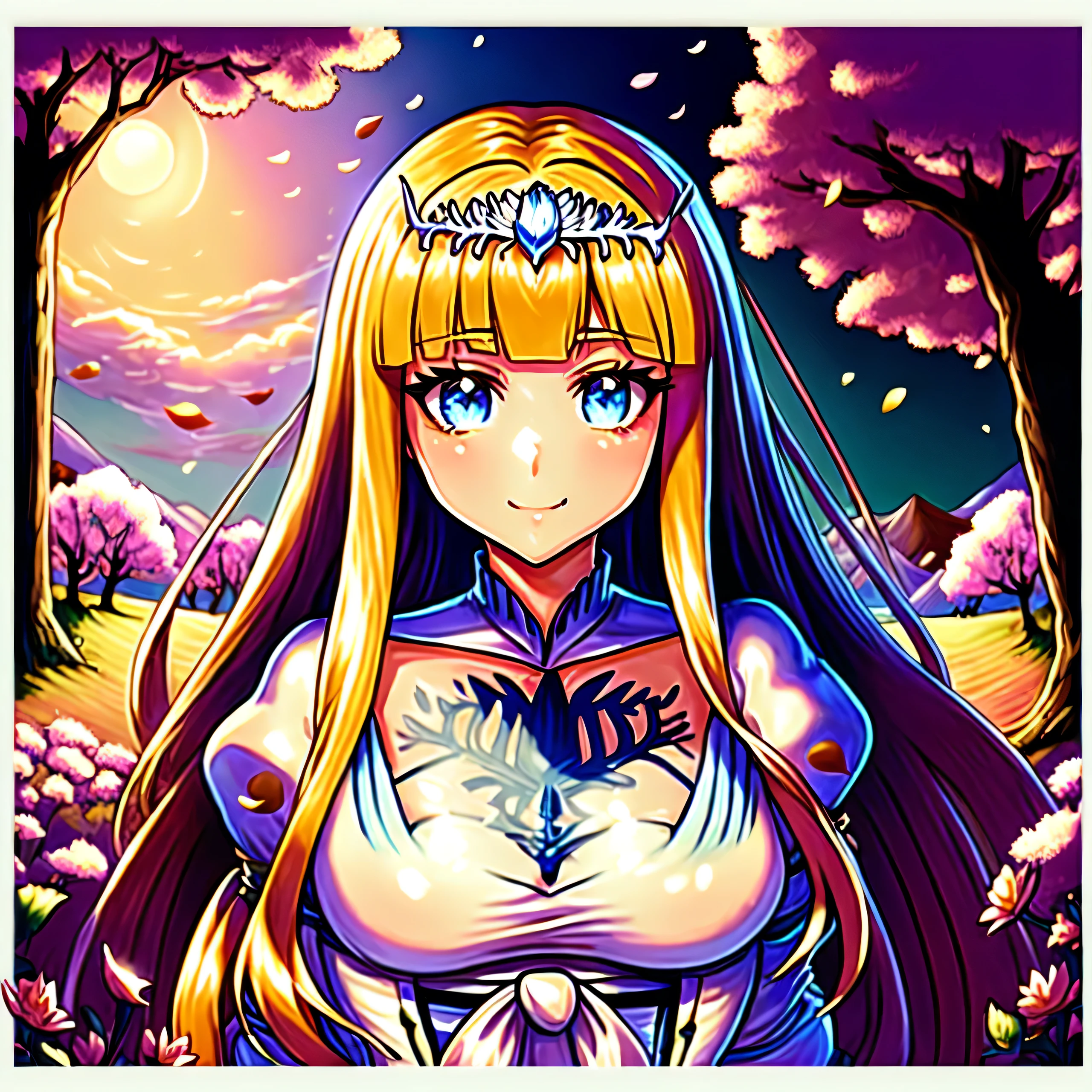 A remarkably beautiful young woman, illustrated by Hidenori Matsubara, surrounded by a vibrant fantasy landscape, with cherry blossom petals falling around her, illuminated by a warm and inviting sunset, featuring detailed and stylized character designs, smooth shading and textures, and a subtle glow.  1girl, solo, Calca, Calca Bessarez, blonde hair, extremely long hair, very long hair, white tiara, silver tiara, white dress, blue eyes, medium chest, long straight hair