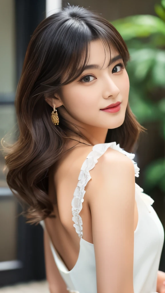 ulzzang -6500-v1.1, (Raw photo:1.2), (Photorealsitic), (Best Quality, masutepiece), Popular actresses、1girl in, Pose, game_nffsw,  Dresses、Dumpling hairstyle、dumpling hairstyle、Classy makeup、elegant long dress, Ultra-realistic skin texture、shinny skin、An inviting pose while turning around、Inviting look、(sexual excitement:1.3), turned around