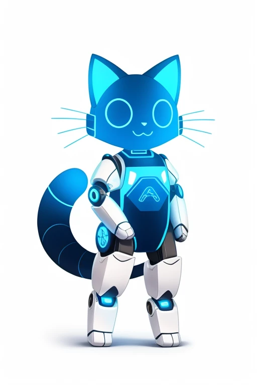 The Q version of the cute robotic cat, hologram body, white background, paws, beans, robotic body, hologram body, feral cat