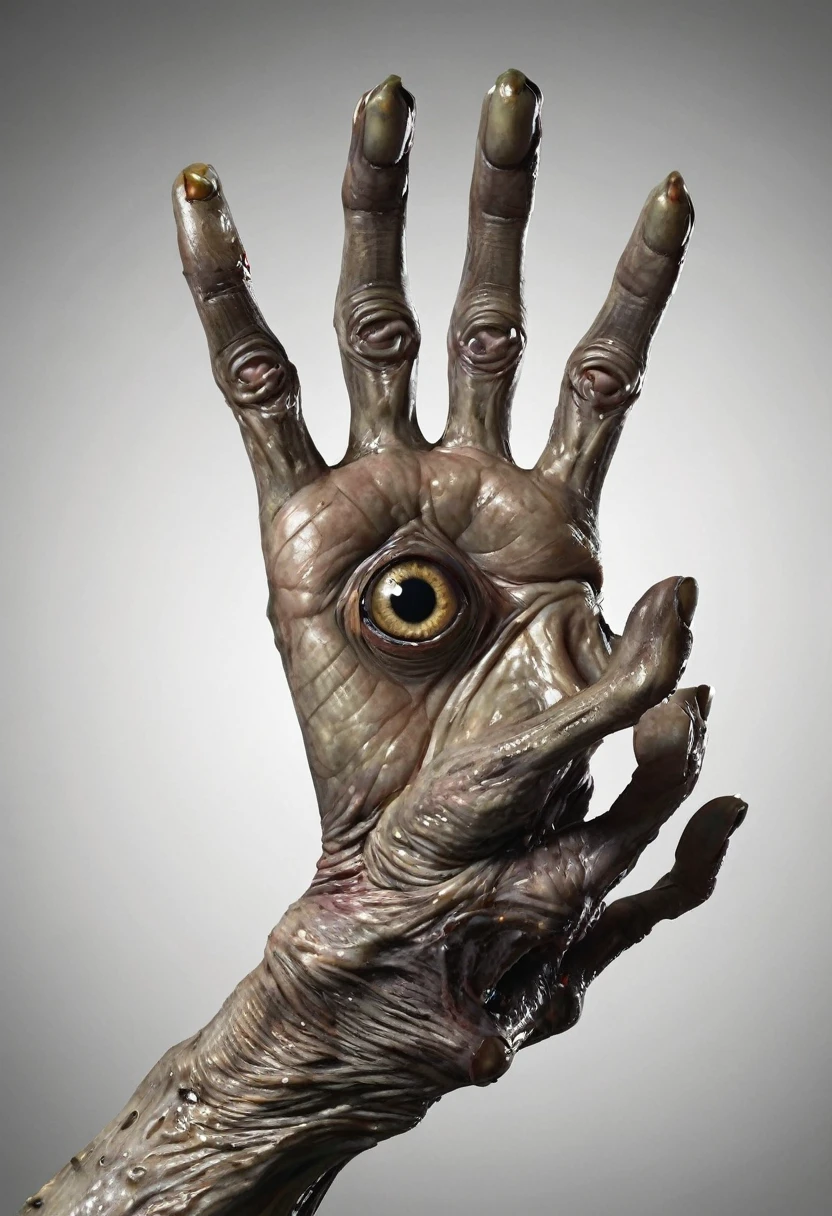 Monstrous, deformed and emaciated hand with servall horror eyes on back and palm of hand photorealist style