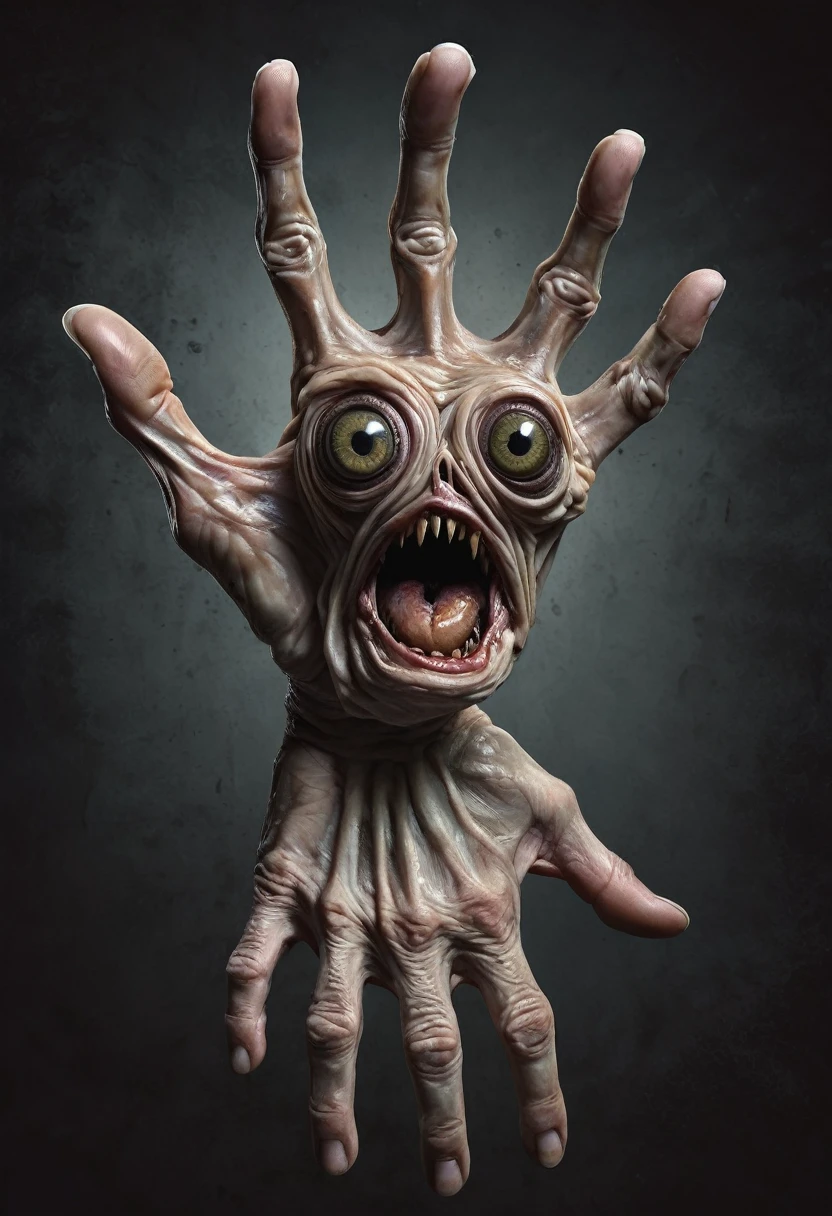 Monstrous, deformed and emaciated hand with servall horror eyes on back and palm of hand photorealist style