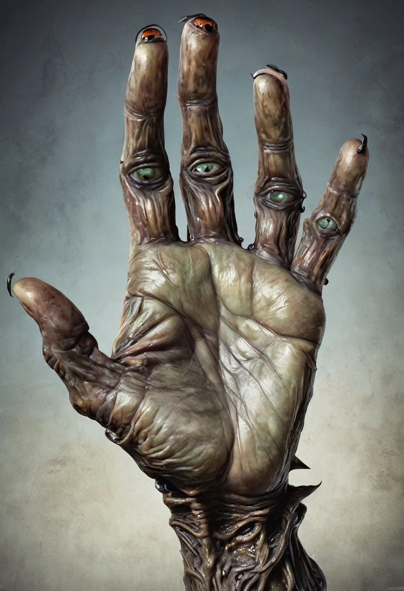 Monstrous, deformed and emaciated hand with servall horror eyes on back and palm of hand photorealist style