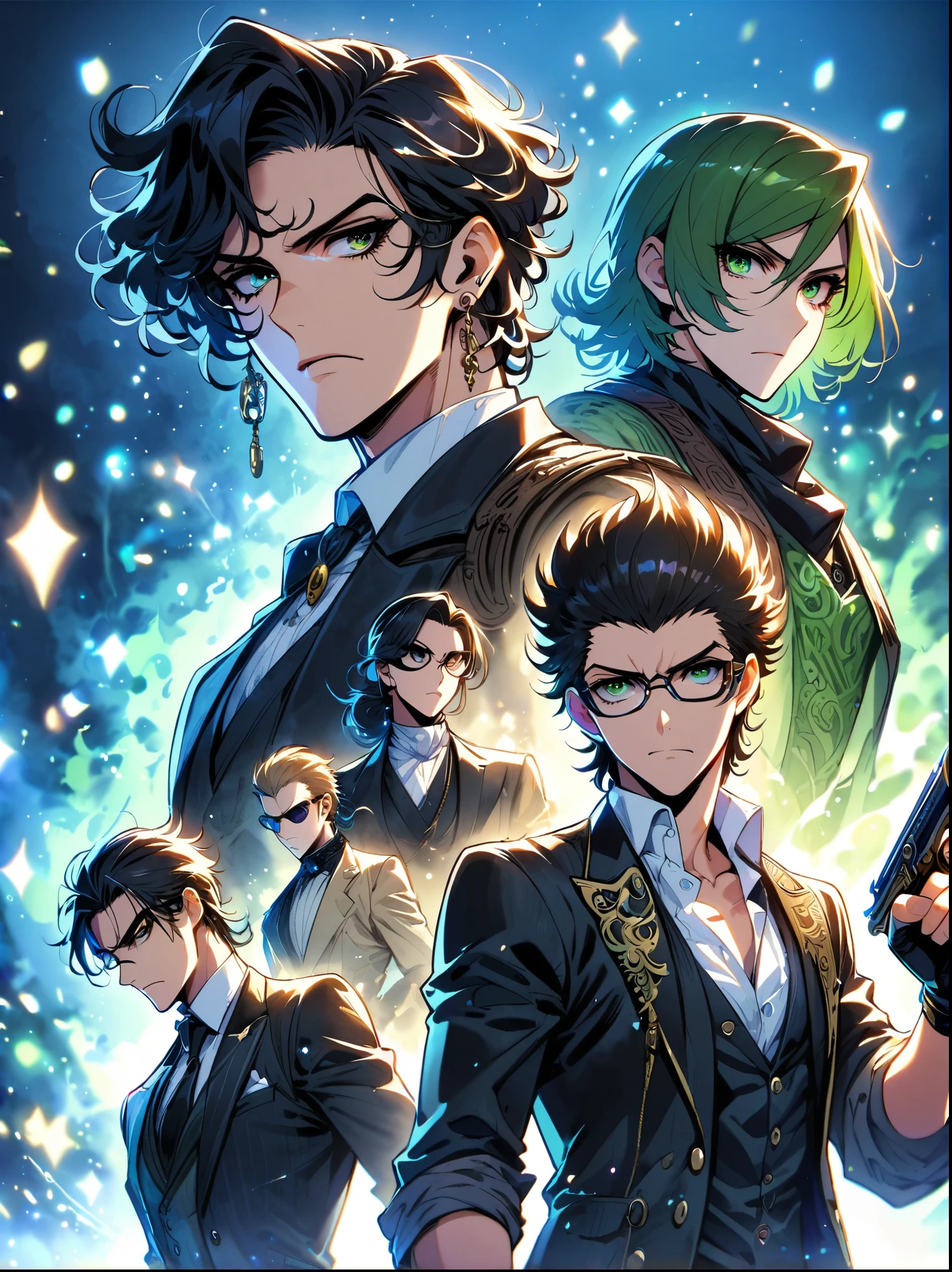 ((hombre alto)),((serious look)),((lentes estilo Bayonetta)),((pelo un poco largo)),((estilo anime)),traje elegante de trabajo)),((pelo negro)), ((ojos verdes)),((color de piel blanca))