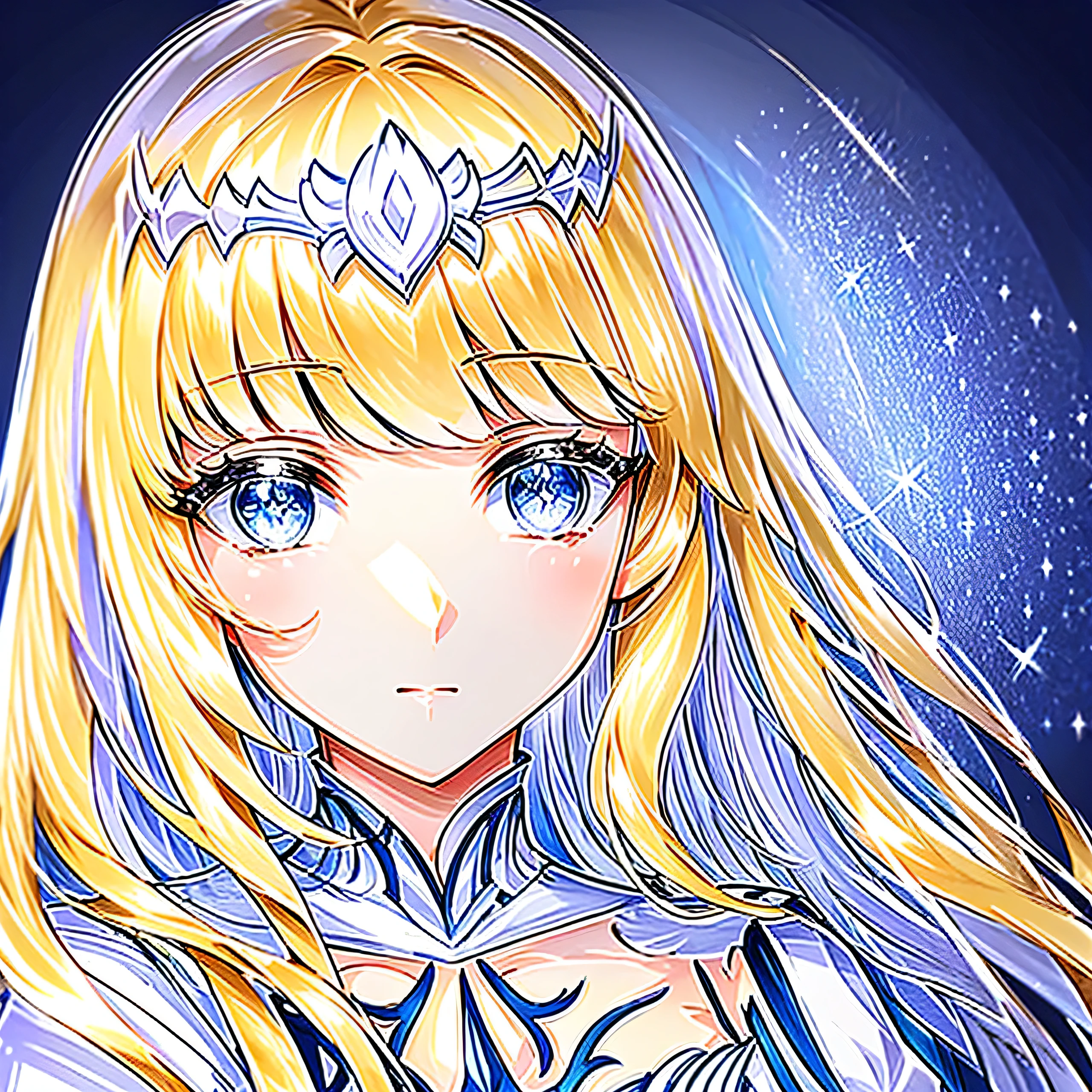 Masterpiece, Best quality, Ultra-detailed, illustration, Portrait,  1girl, solo, Calca, Calca Bessarez, blonde hair, extremely long hair, very long hair, white tiara, silver tiara, white dress, blue eyes, medium chest, long straight hair