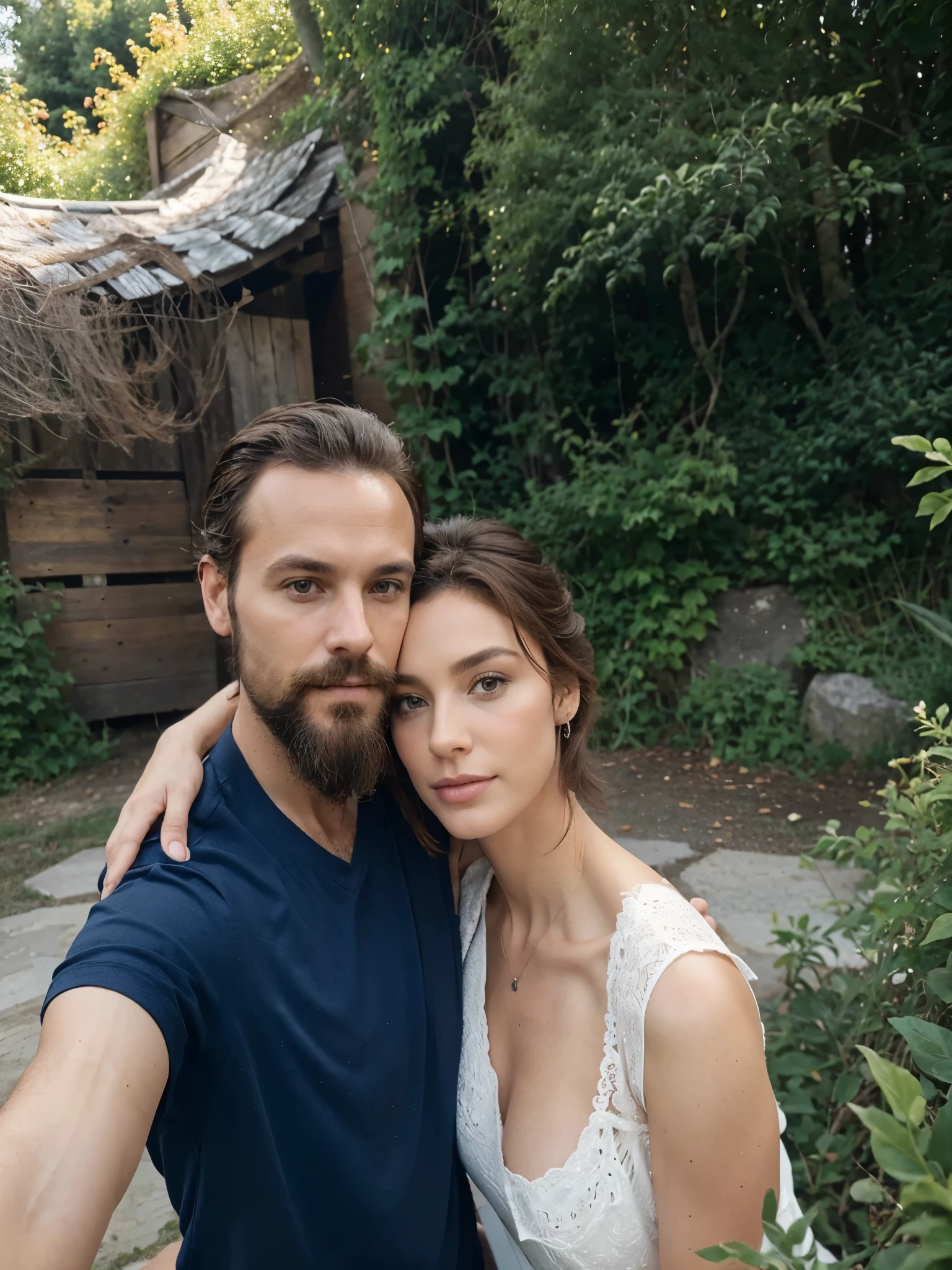 Couple charmant 45 ans dans la nature, homme brun avec barbe courte et cheveux court, belle femme brune cheveux longs
