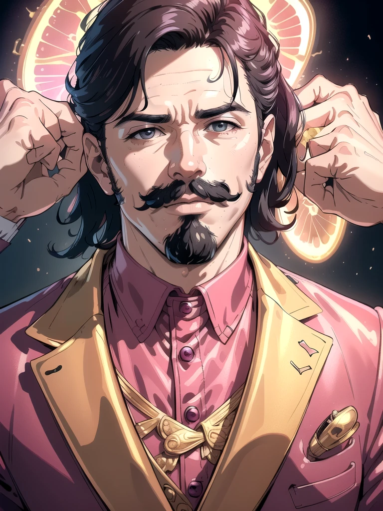 (best quality,4k,8k,highres,masterpiece:1.2),ultra-detailed,(realistic,photorealistic,photo-realistic:1.37),portrait,pink suit,man with mustache,brightly lit background,vibrant colors,polished and suave appearance,confident expression,sophisticated style,stunning