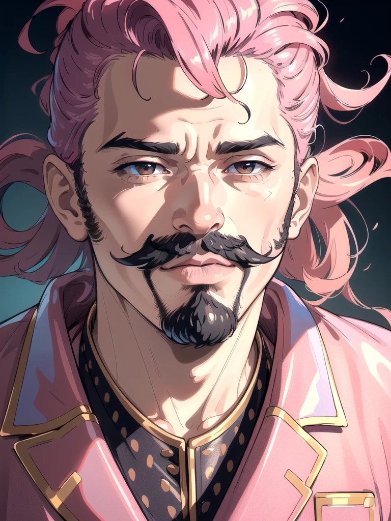 (best quality,4k,8k,highres,masterpiece:1.2),ultra-detailed,(realistic,photorealistic,photo-realistic:1.37),portrait,pink suit,man with mustache,brightly lit background,vibrant colors,polished and suave appearance,confident expression,sophisticated style,stunning