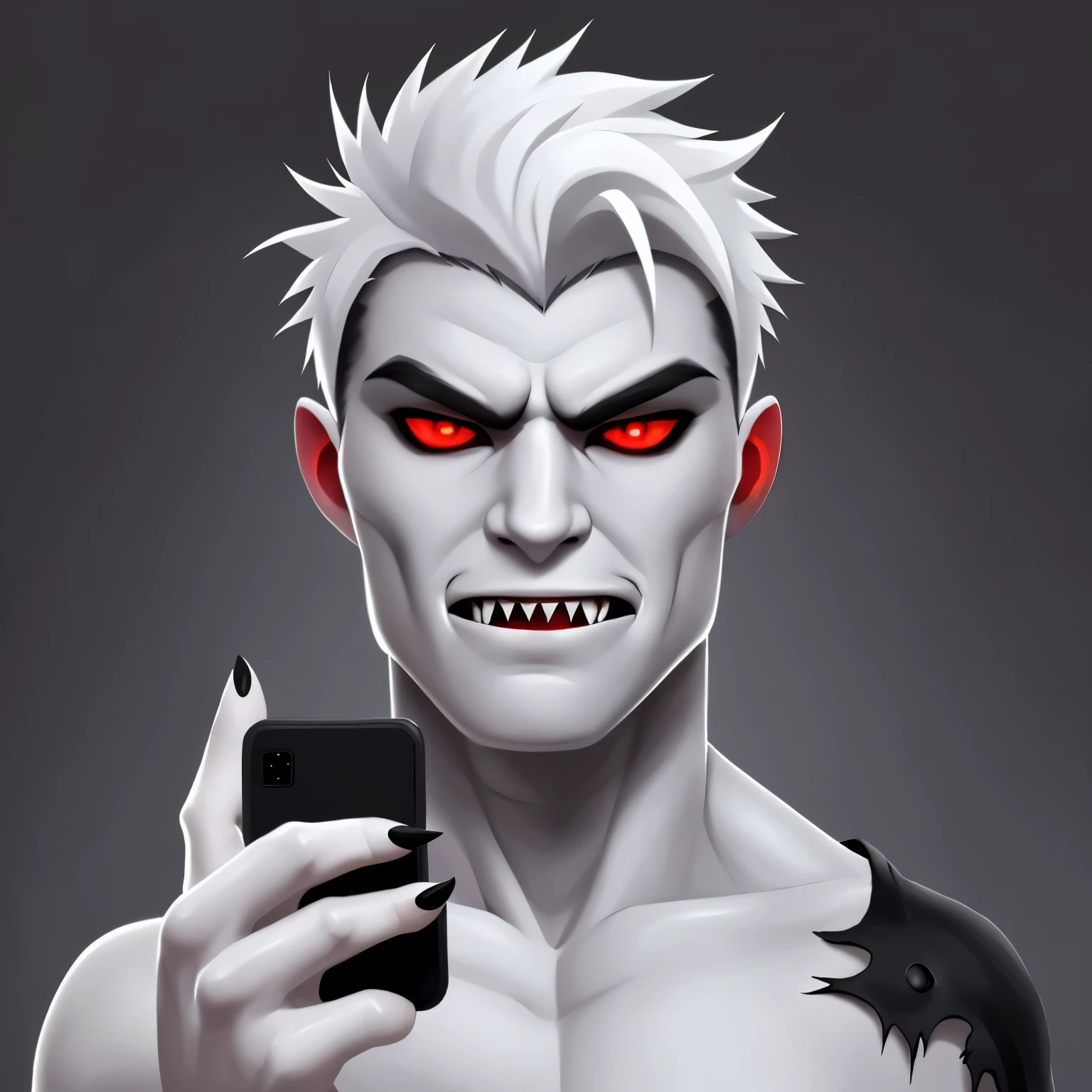 Holding a phone ,Grey white skin semi muscular vampire man,fangs ,red eyes ,short white hair, painted black nails  with a torn fisnet top on ,semi realistic anime style dark background