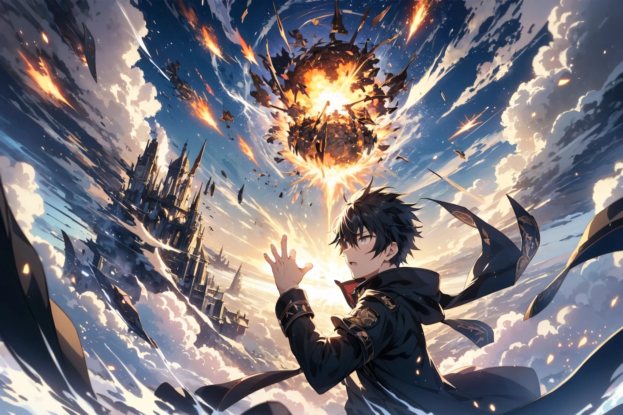 An anime-style illustration of a black-haired boy using a powerful explosive magic spell to destroy an enemy's airborne fortress in a single strike. The scene is extremely beautiful and delicate, with intricate details. The boy stands confidently as his magic spell creates a spectacular explosion of light and energy, obliterating the fortress in the sky. The background features a vivid and dramatic sky, with fragments of the fortress falling. The overall style is vibrant and dynamic, capturing the intensity and beauty of the moment.,(detailed eyes),detailed skin,(masterpiece,best quality:1.4),Top Quality,High quality,Ultra detailed,insanely detailed,anime style