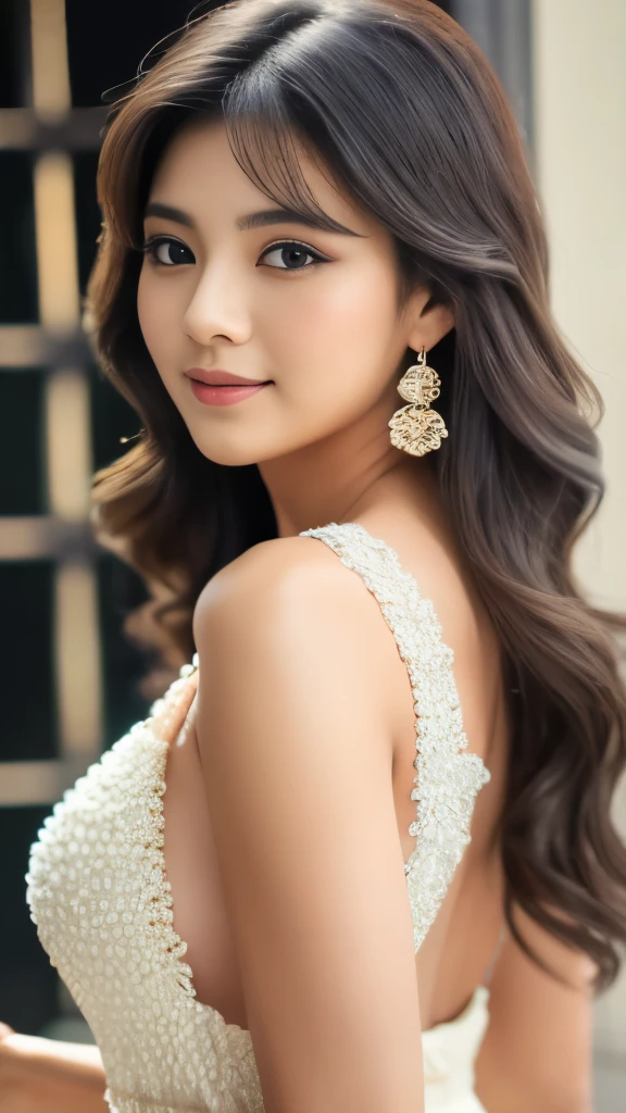 ulzzang -6500-v1.1, (Raw photo:1.2), (Photorealsitic), (Best Quality, masutepiece), Popular actresses、1girl in, Pose, game_nffsw,  Dresses、Dumpling hairstyle、dumpling hairstyle、Classy makeup、elegant long dress, Ultra-realistic skin texture、shinny skin、An inviting pose while turning around、Inviting look、(sexual excitement:1.3), turned around