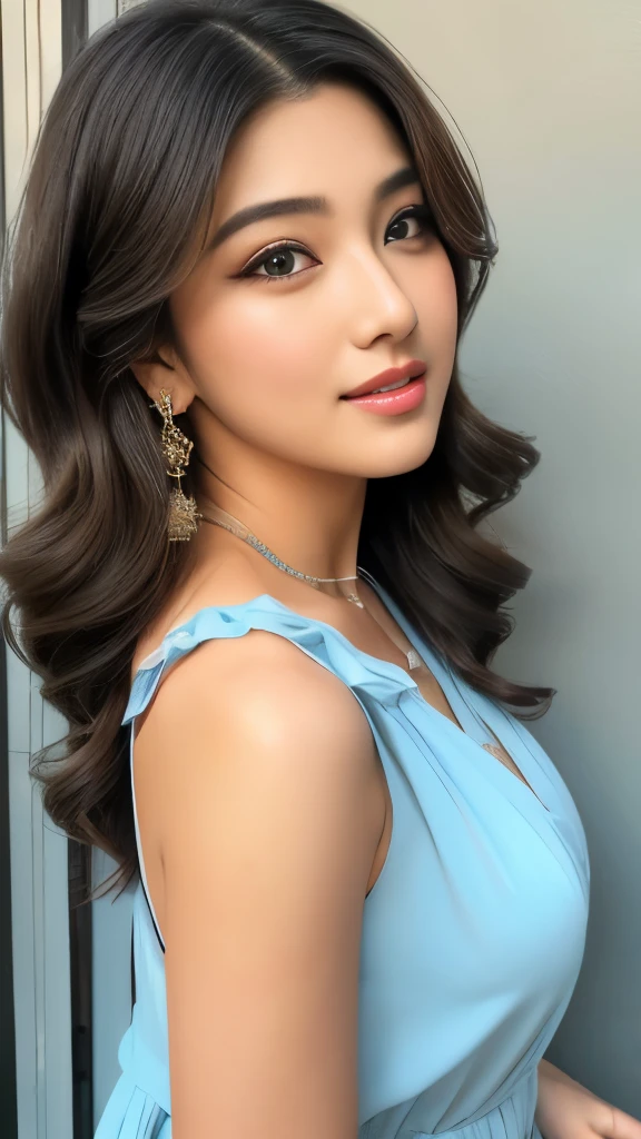 ulzzang -6500-v1.1, (Raw photo:1.2), (Photorealsitic), (Best Quality, masutepiece), Popular actresses、1girl in, Pose, game_nffsw,  Dresses、Dumpling hairstyle、dumpling hairstyle、Classy makeup、elegant long dress, Ultra-realistic skin texture、shinny skin、An inviting pose while turning around、Inviting look、(sexual excitement:1.3), turned around