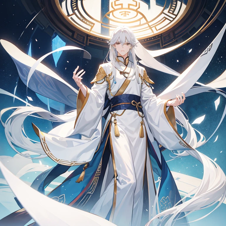 Handsome tall young man, slim build, white complexion, long loose white hair, gray eyes, gray and light blue Chinese tunic