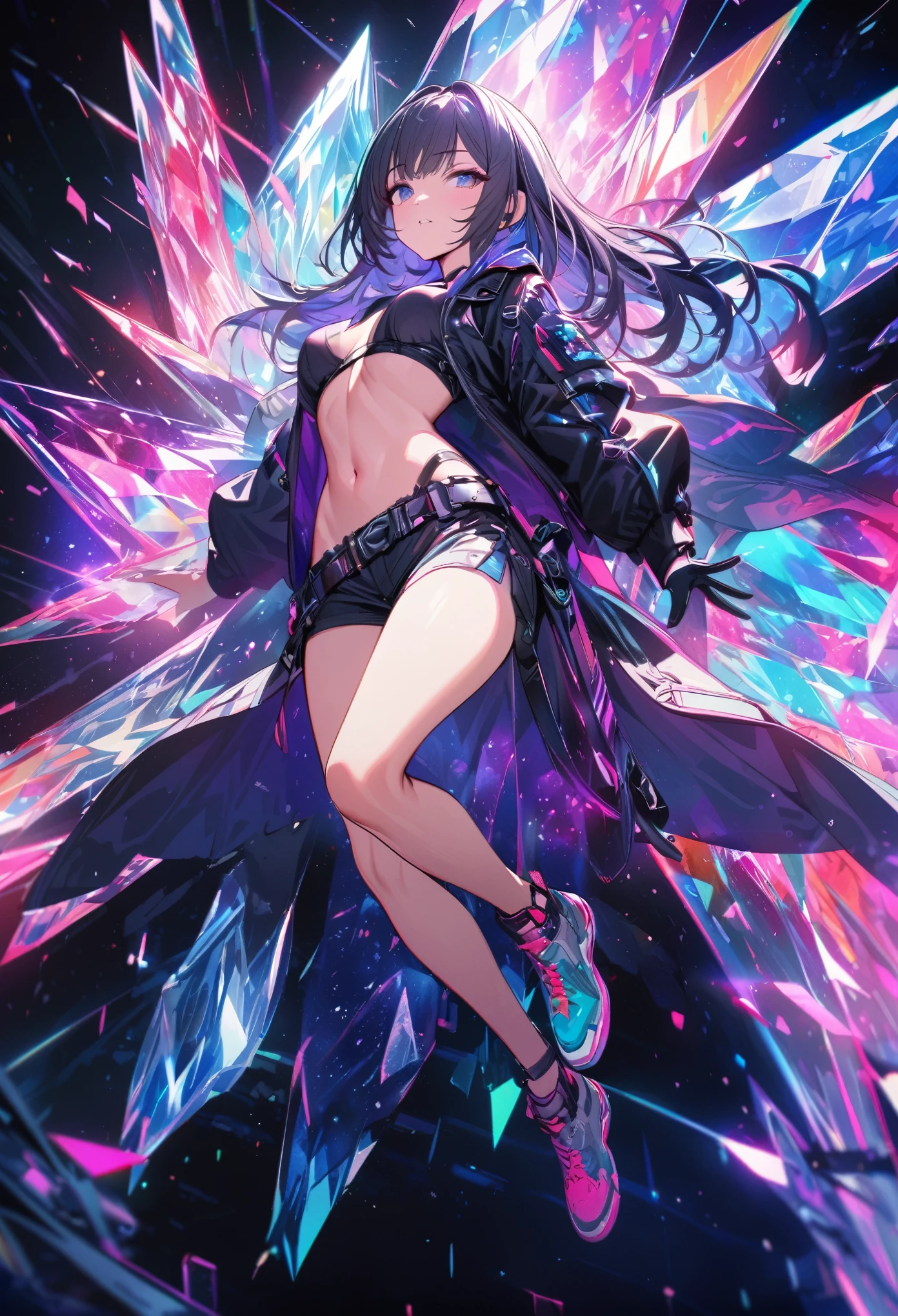 Angelic, one woman, bare legs, belt on right leg, beautiful stomach, Giga crystal, nebula color, high-res, ultra detailed, 8k