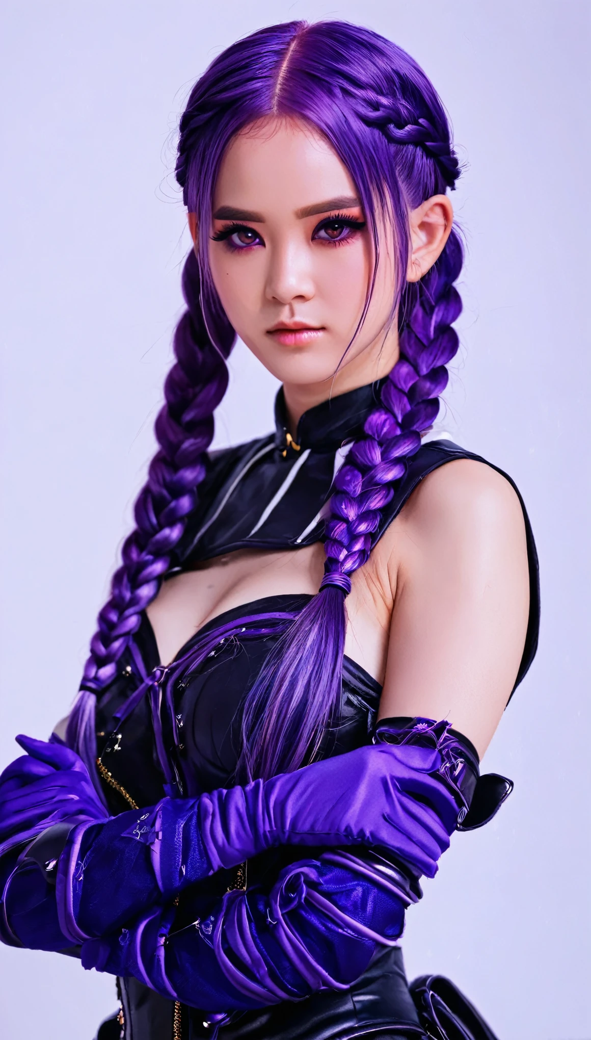 1 girl，solo，beautiful， yinji , anatomical correct:2, twin braids, purple hair，hair ornament, gloves, ahoge，low-tied very long hair， purple eyes，minimalist Journey