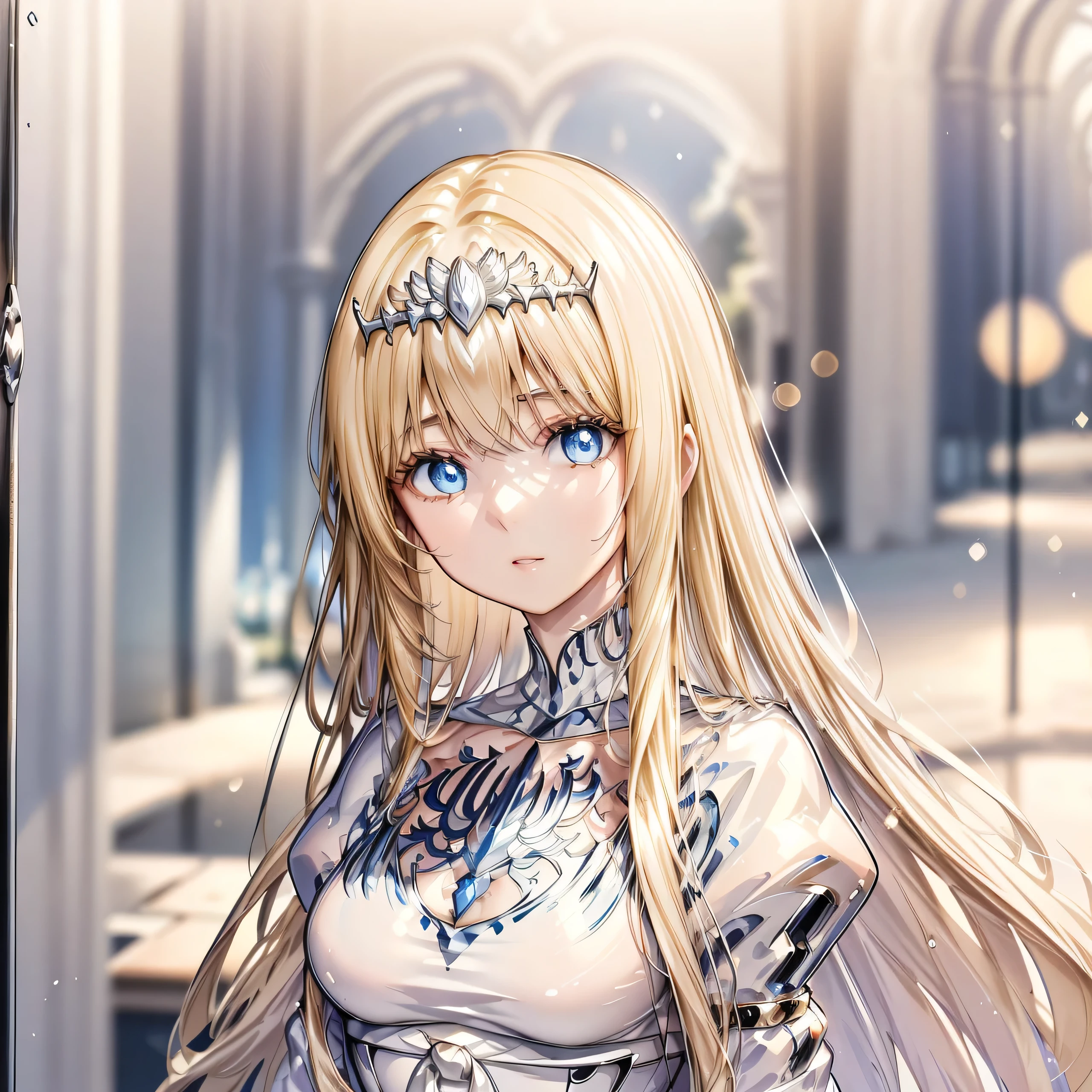 High definition RAW color art, Animation,sculptures, silver marble skin, (((Ultra detailed elegant))), Magical atmosphere, (Detailed skin, Texture (Intricately detailed, Fine detail, ultra-detailliert), depth of fields, Bokeh, silky touch, beautiful eyes, glass world, Hyper Detail, Matte Drawing, Pastel purple, looking back, 1girl, solo, Calca, Calca Bessarez, blonde hair, extremely long hair, very long hair, white tiara, silver tiara, white dress, blue eyes, medium chest, long straight hair
