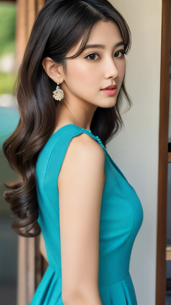 ulzzang -6500-v1.1, (Raw photo:1.2), (Photorealsitic), (Best Quality, masutepiece), Popular actresses、1girl in, Pose, game_nffsw,  Dresses、Dumpling hairstyle、dumpling hairstyle、Classy makeup、elegant long dress, Ultra-realistic skin texture、shinny skin、An inviting pose while turning around、Inviting look、(sexual excitement:1.3), turned around