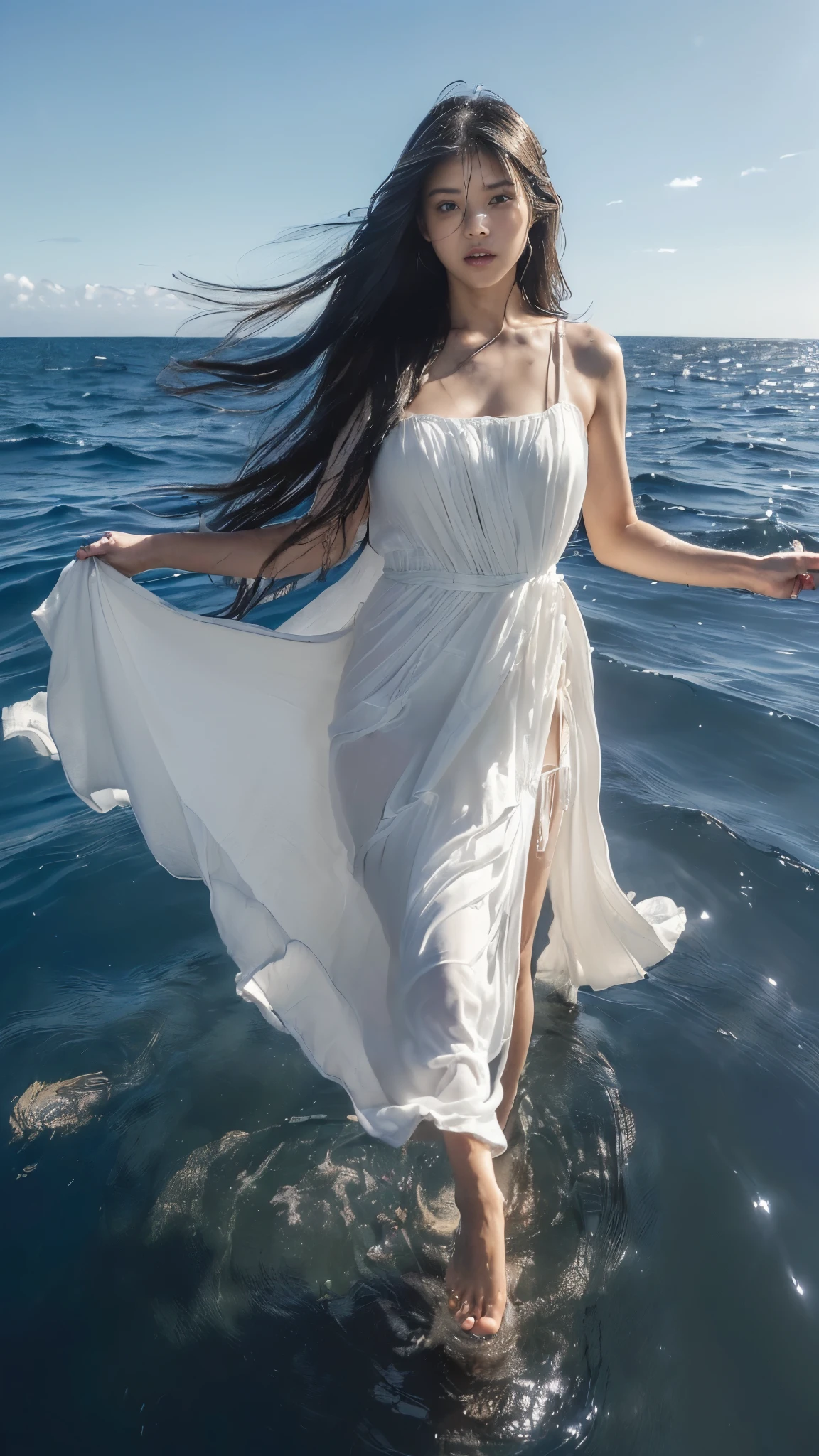 ((highest quality)), ((8K)), ((masterpiece: 1.3)), (Perfect appearance), (Photorealism: 1.6), (In the middle of the ocean, 海面にJapanese Matureが立っている: 1.4), (Calm, waveless sea: 1.4), (Beautiful cobalt blue ocean reflecting the sunlight: 1.2), (Woman standing with the sun behind her: 1.4), (Angle from diagonally above: 1.4), (Full body portrait: 1.4), (60 years old, Japanese Mature), ((Realistic skin texture)), (Fine lines all over the skin), (Dull skin), (Facial wrinkles), (Wrinkles around the eyes), double eyelid, Tear bags under the eyelids, Closed lips, Calm expression, (Short bangs: 1.2), (Long Hair: 1.6), (Long Hairが風に靡いている: 1.4), (A white dress with a wide neckline and a loose fit around the chest: 1.4), Dress with large draped sleeves: 1.2), (Long dress that reaches down to the ankles: 1.2), (A dress with a flared hem: 1.4), (The whole dress is fluttering in the wind: 1.4), (Bare feet submerged in water up to the top of the foot: 1.4),