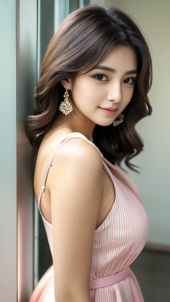 ulzzang -6500-v1.1, (Raw photo:1.2), (Photorealsitic), (Best Quality, masutepiece), Popular actresses、1girl in, Pose, game_nffsw,  Dresses、Dumpling hairstyle、dumpling hairstyle、Classy makeup、elegant long dress, Ultra-realistic skin texture、shinny skin、An inviting pose while turning around、Inviting look、(sexual excitement:1.3), turned around