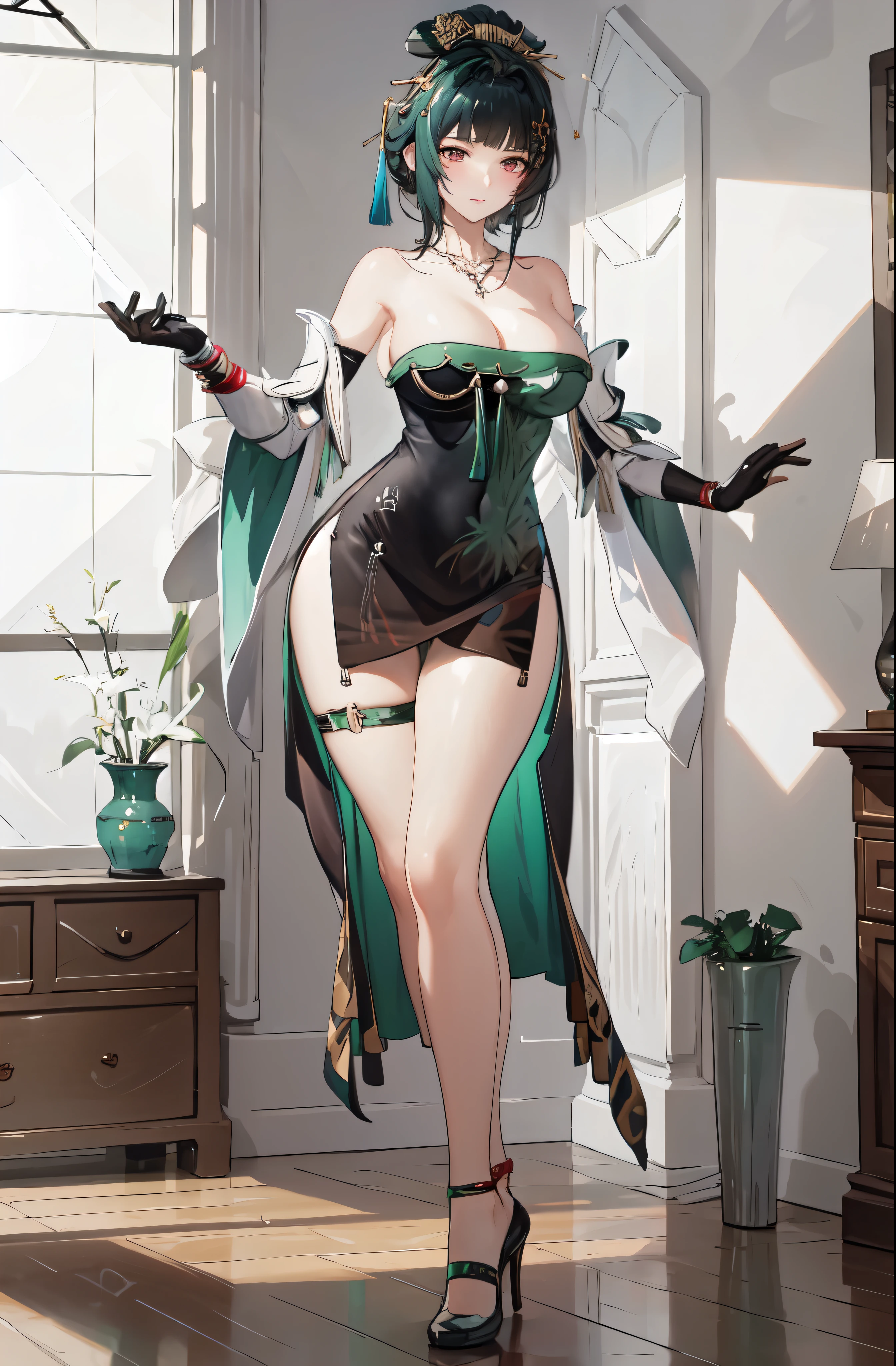 masterpiece, best quality BREAK solo, china dress, highres, Super detailed, very detailed, highest quality, best quality, super detailed, 1girl, standing, (large breasts), mature female, hanying, Full body drawing, (masterpiece), (best quality), (hyperdetail), (illustration), ((extremely delicate and beautiful)), (detailed light), (prefect's body), full body drawing, Hanying, HanYing, sexy, sexy belly, sexy belly line, sexy belly button