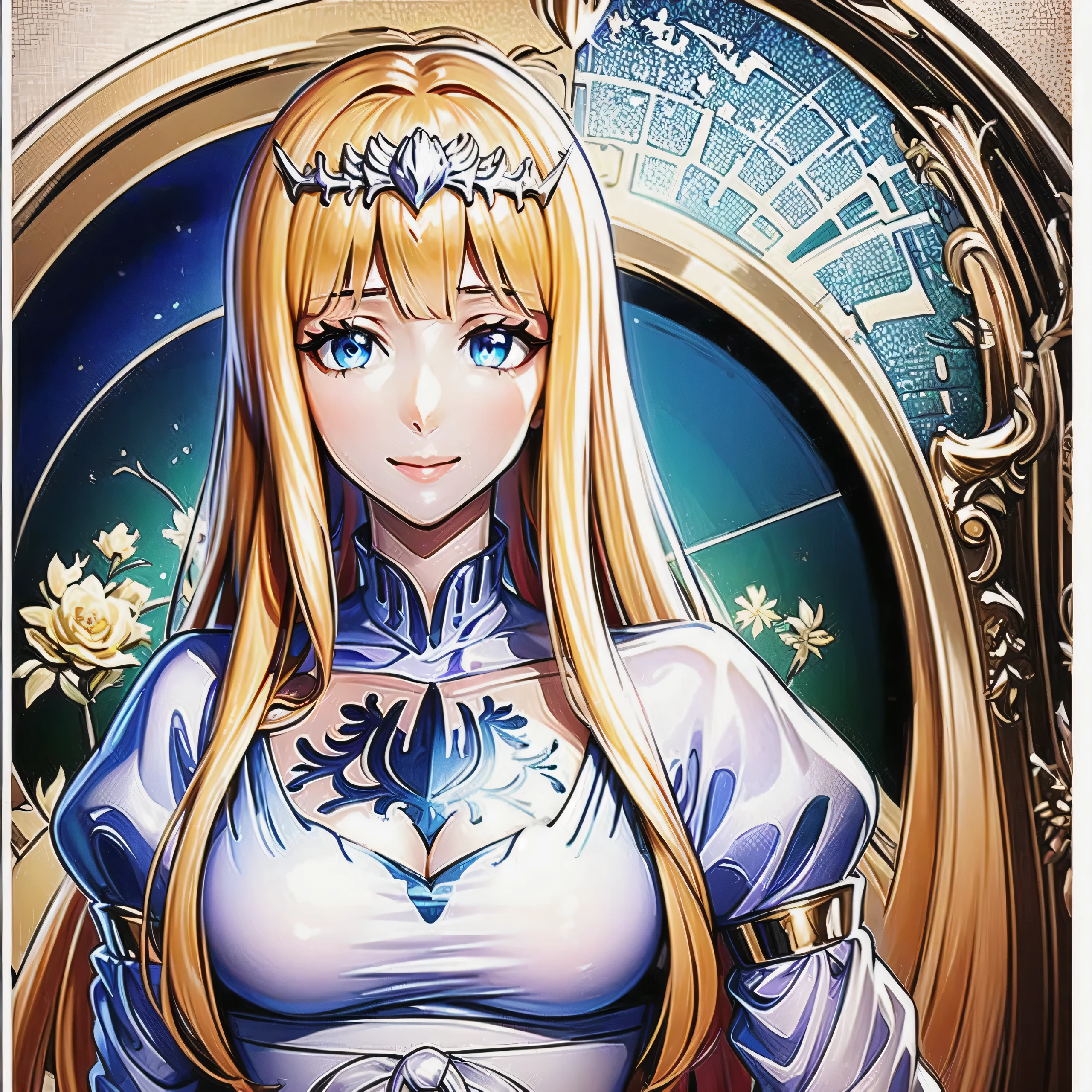 (masterpiece, highest quality, highest quality, Official Art, beautifully、beautiful:1.2), (1 Girl:1.3), (Fractal Art:1.3),beautiful,An innocent smile,Blonde,Long Hair,Princess,Smooth Hair,Noble princess dress,s,Upper Body,I pray, 1girl, solo, Calca, Calca Bessarez, blonde hair, extremely long hair, very long hair, white tiara, silver tiara, white dress, blue eyes, medium chest, long straight hair