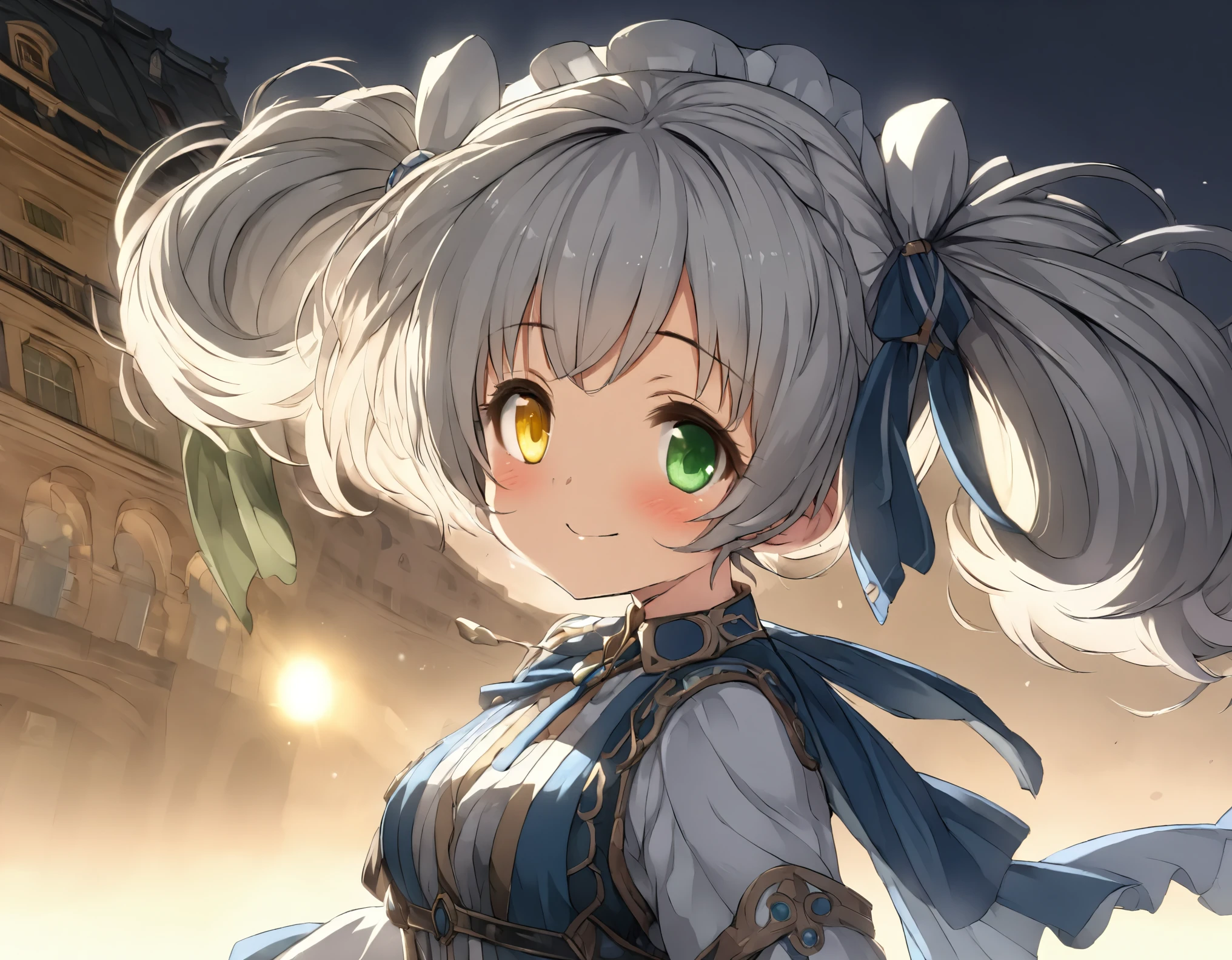 (((master piece Highest quality ultra detailed,Unity 8k Exquisite Detail))),((Twin Drill)),(((tareme:1.6))),Silver Hair,smile,(heterochromia green eye yellow eye),Early Morning Walk,(((powder light,illusion effect)))