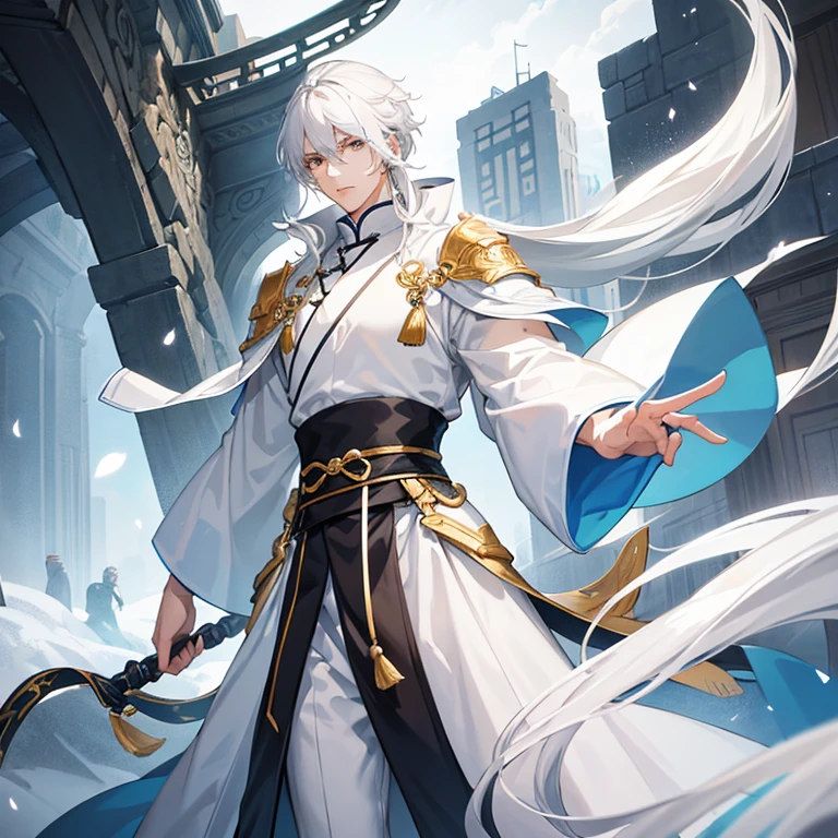 Handsome tall young man, slim build, white complexion, long loose white hair, gray eyes, gray and light blue Chinese tunic