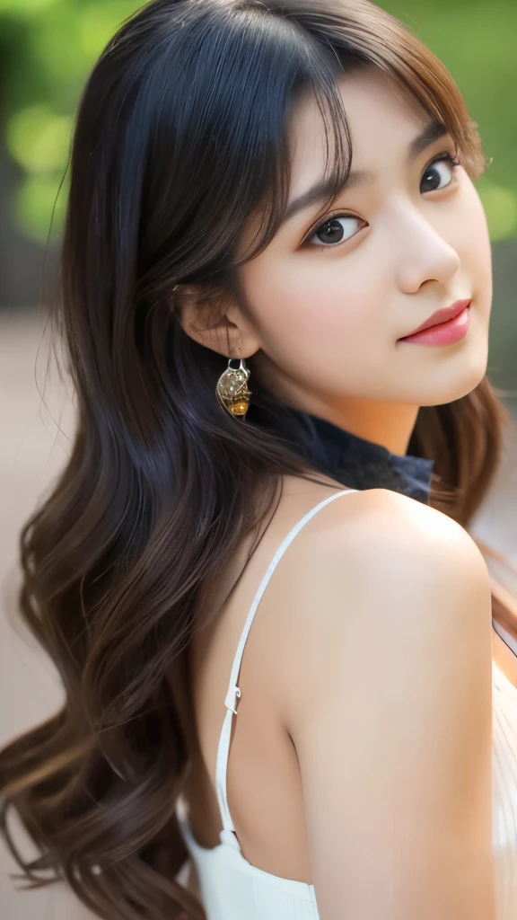 ulzzang -6500-v1.1, (Raw photo:1.2), (Photorealsitic), (Best Quality, masutepiece), Popular actresses、1girl in, Pose, game_nffsw,  Dresses、Dumpling hairstyle、dumpling hairstyle、Classy makeup、elegant long dress, Ultra-realistic skin texture、shinny skin、An inviting pose while turning around、Inviting look、(sexual excitement:1.3), turned around