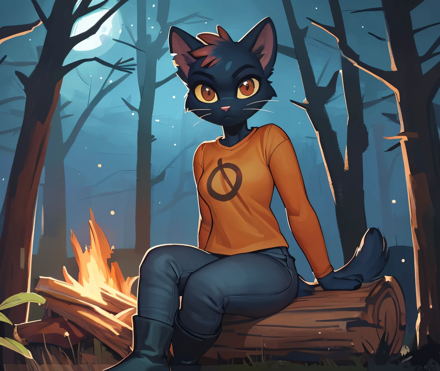 [mae borowski], [Night in the Woods], [Uploaded to e621.net; (Pixelsketcher), (wamudraws)], ((masterpiece)), ((HD)), ((best quality)), ((solo portrait)), ((front view)), ((furry; anthro)), ((detailed fur)), ((detailed soft shading)), ((beautiful render art)), {anthro; (slim figure), black fur, pink nose, cute brown eyes, whiskers, (short cat tail), (gorgeous wide hips), (beautiful feet), (black claws), (expressionless)}, {(orange long sleeve shirt), (long red sleeves), small , (tight grey jeans), (black boots)}, {(sitting on log), (looking at viewer)}, [background; (woods), (nighttime), (campfire), (ambient lighting)]