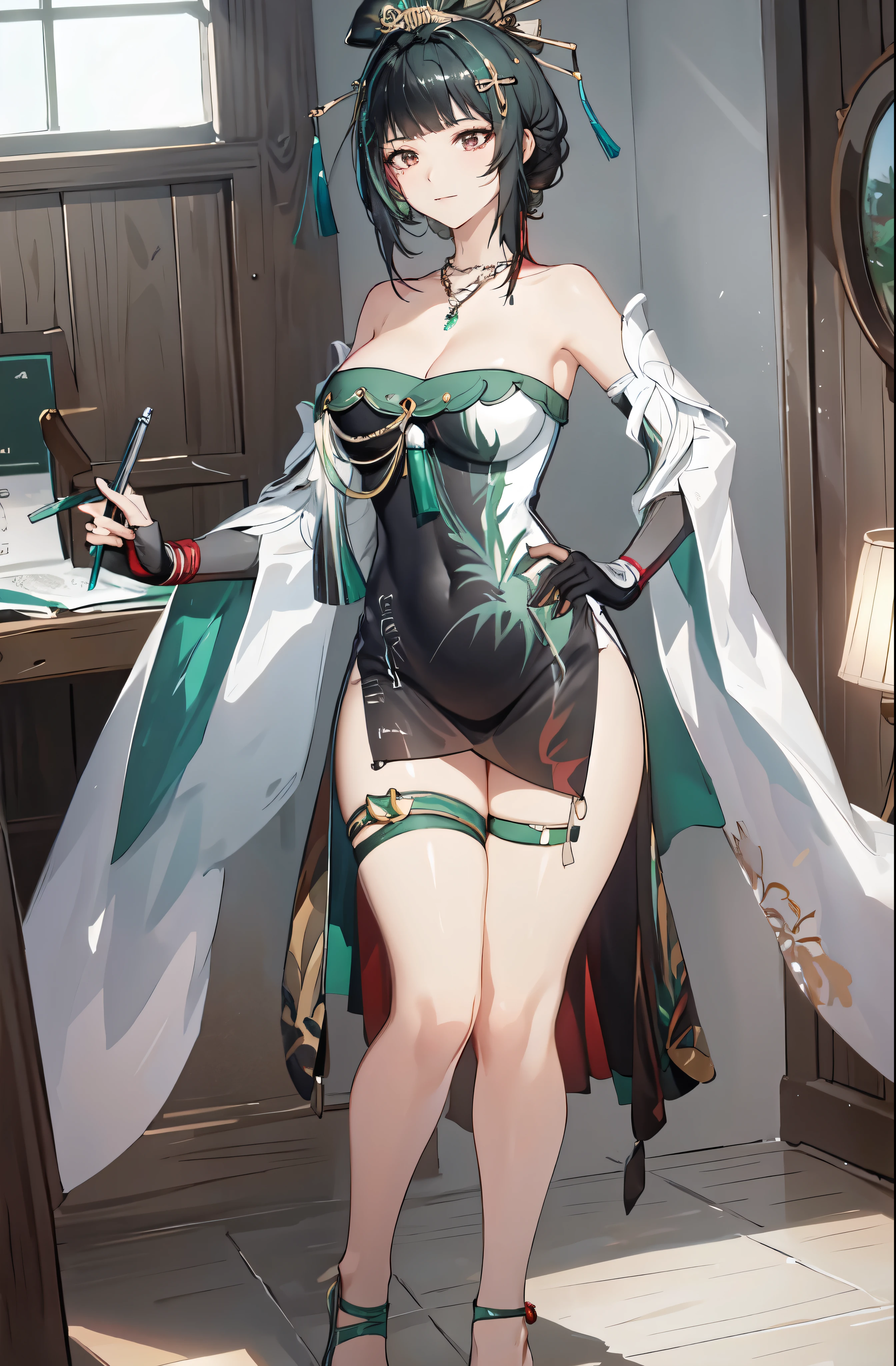 masterpiece, best quality BREAK solo, china dress, highres, Super detailed, very detailed, highest quality, best quality, super detailed, 1girl, standing, (large breasts), mature female, hanying, Full body drawing, (masterpiece), (best quality), (hyperdetail), (illustration), ((extremely delicate and beautiful)), (detailed light), (prefect's body), full body drawing, Hanying, HanYing, sexy, sexy belly, sexy belly line, sexy belly button